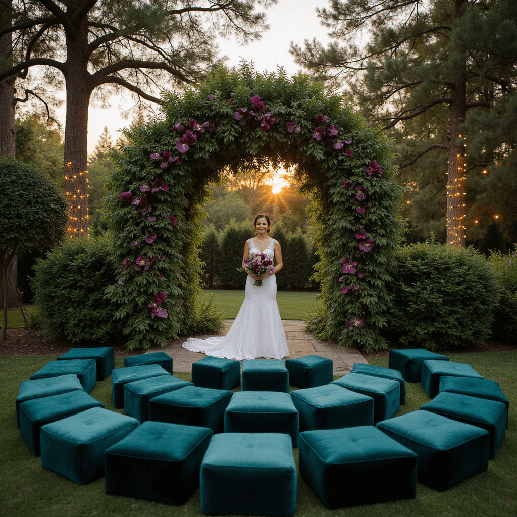 An intimate twilight garden wedding scene with a circular floral arch of greenery and jewel-toned anthuriums, surrounded by guests seated on deep emerald and sapphire velvet ottomans. Twinkling fairy lights adorn the trees, while a bride holds a dark purple calla lily bouquet. The view is from ground level, looking through the guests towards the arch with a warm sunset glow in the background.