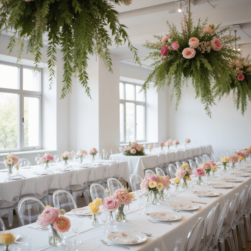A stylish modern art gallery reception bathed in soft afternoon light, featuring long acrylic tables with white linens and single-stem vases of pastel columbine blooms, ghost chairs, and large-scale floral installations of deconstructed peonies and greenery hanging from the ceiling.