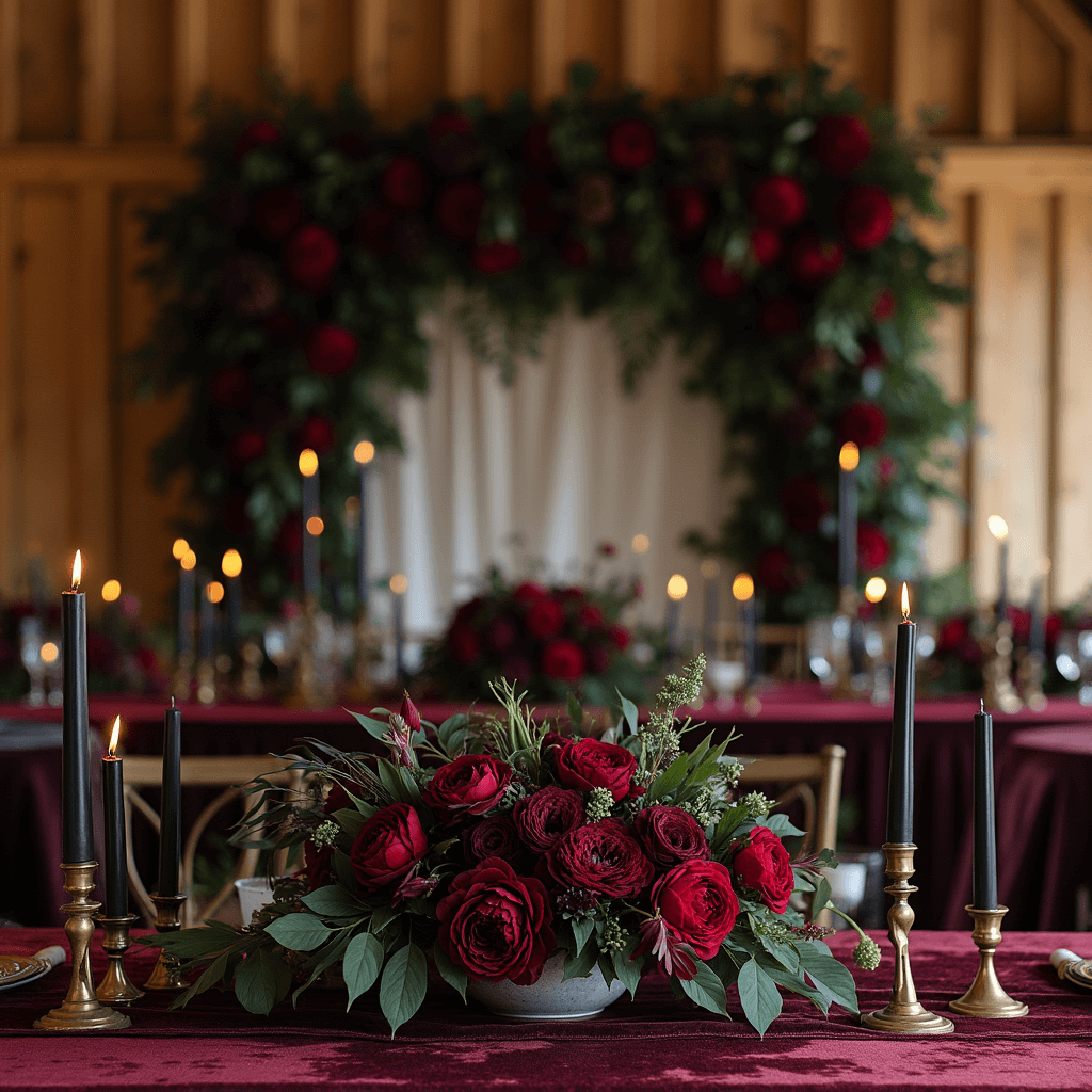 A luxurious barn wedding setting featuring farm tables draped in burgundy velvet linens, adorned with lush arrangements of deep red peonies and black calla lilies, surrounded by tall black taper candles in brass holders, with a dramatic floral backdrop of dark blooms and greenery, captured from table height in a moody, romantic atmosphere.