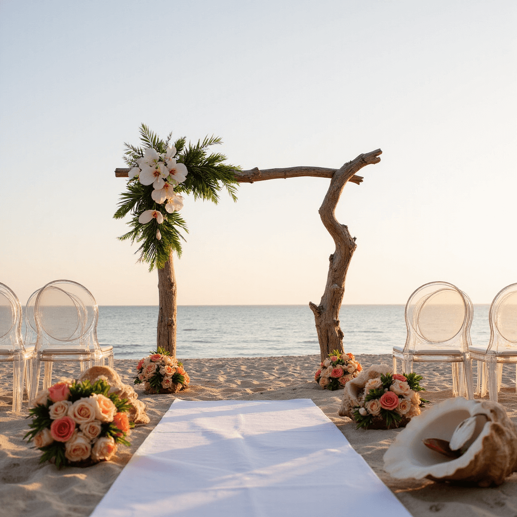 A minimalist beach wedding at sunrise, featuring a driftwood arch adorned with white anthuriums and tropical foliage. Ghost chairs are arranged in a semi-circle, with conch shells filled with coral and peach roses marking the aisle. The bride carries a sculptural bouquet of calla lilies and a king protea, with the warm glow of sunrise illuminating the scene from a low angle.