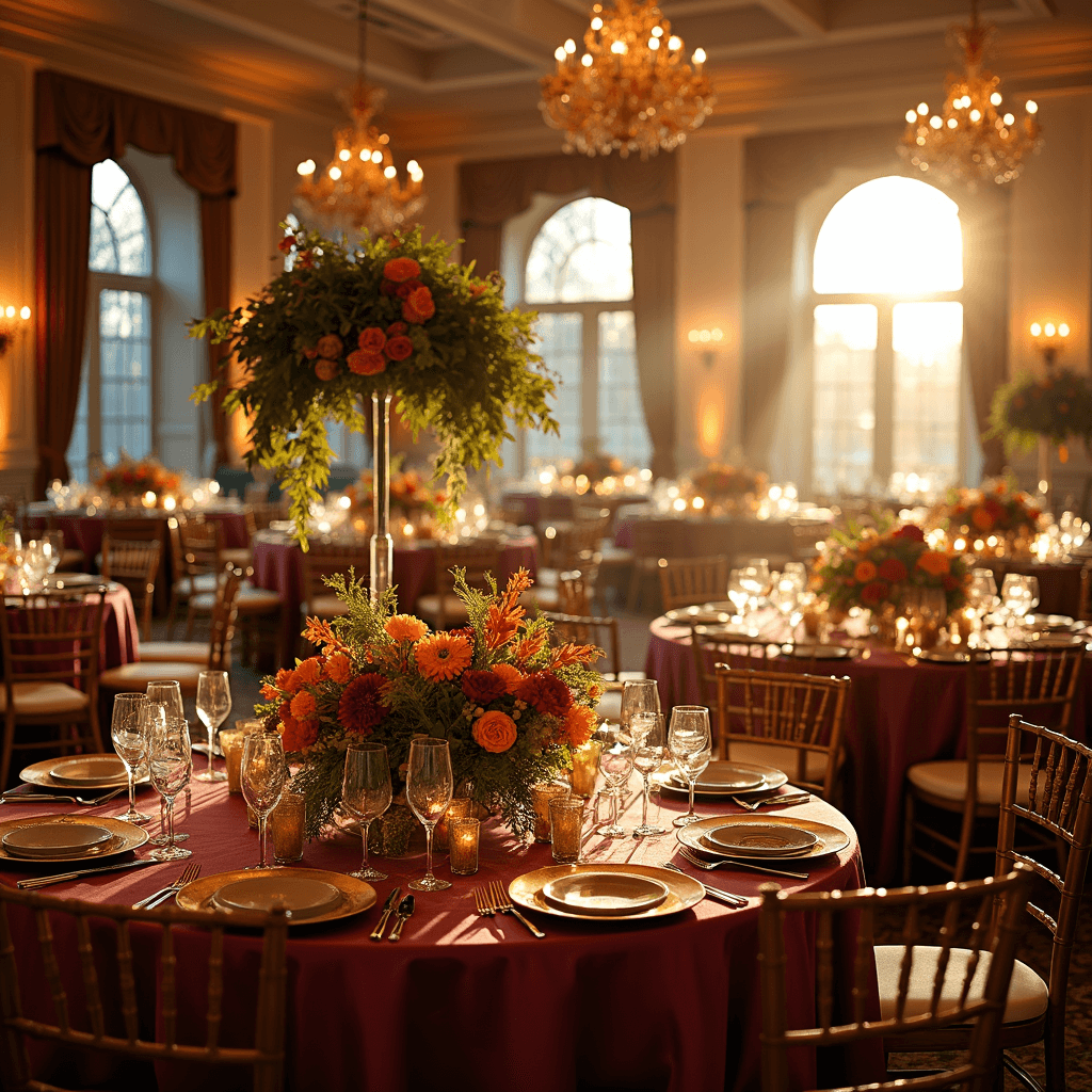 A grand ballroom illuminated by golden hour light, featuring round tables with autumn floral centerpieces, silk burgundy linens, gold charger plates, and crystal stemware, all accented by ornate chandeliers and candelabras, with a lavish head table adorned with a garland of eucalyptus and deep orange blooms.