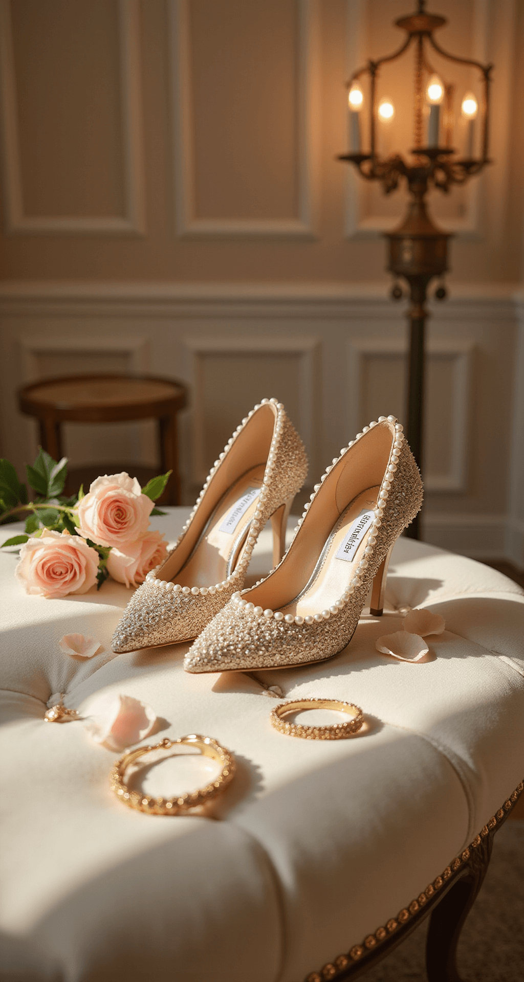 Close-up of Badgley Mischka heels on a plush cream ottoman in an elegant dressing room, surrounded by rose petals and delicate jewelry, illuminated by warm afternoon light.