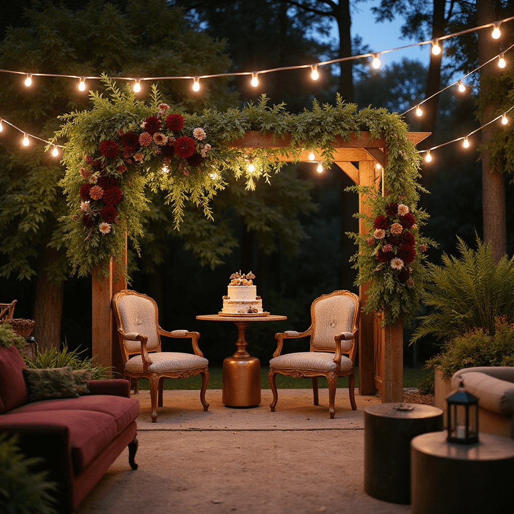 An intimate backyard wedding at dusk, featuring fairy lights and lanterns, a rustic wooden arbor with greenery and burgundy dahlias, mismatched vintage chairs, a dessert table with a naked cake adorned with fresh figs and celosia, and cozy lounge areas with velvet sofas, all set in a lush garden.