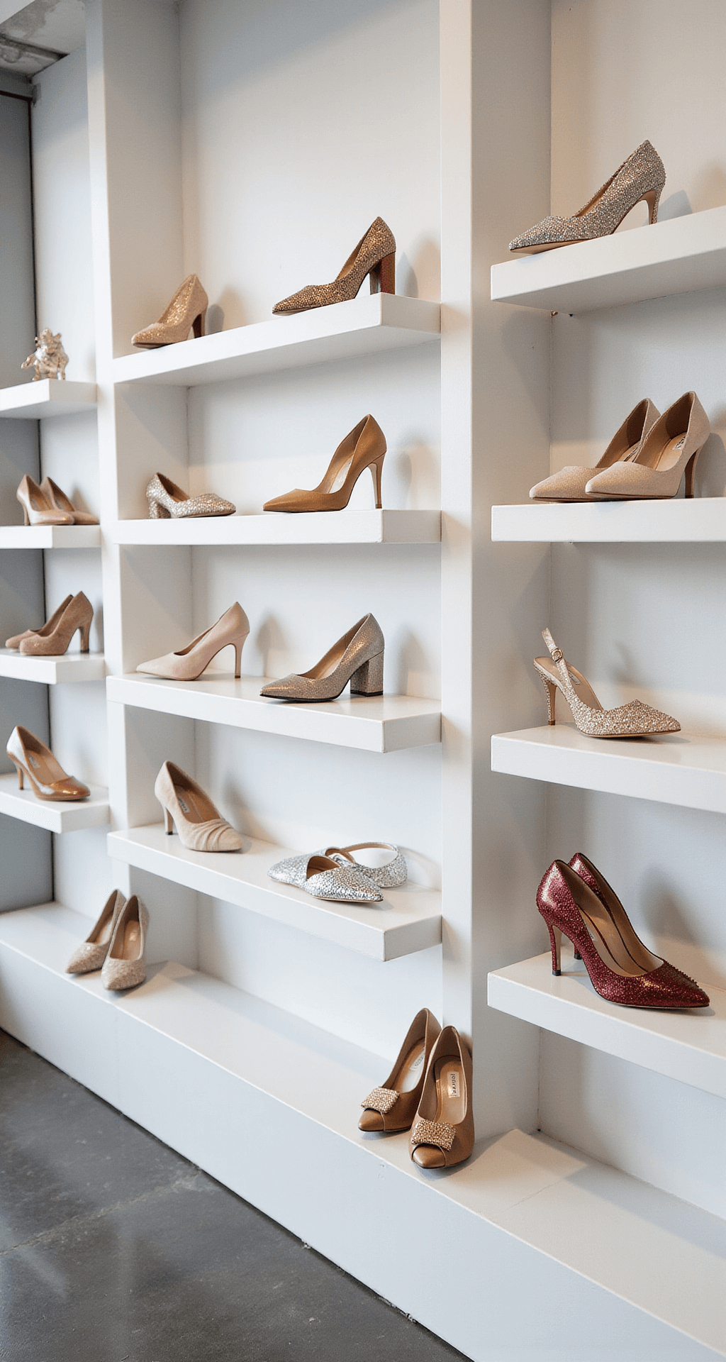 Wide shot of a modern minimalist bridal salon showcasing a neatly organized display of budget-friendly Nina Shoes on white floating shelves, arranged by style and height, with cool-toned natural light highlighting their metallic and crystal details.