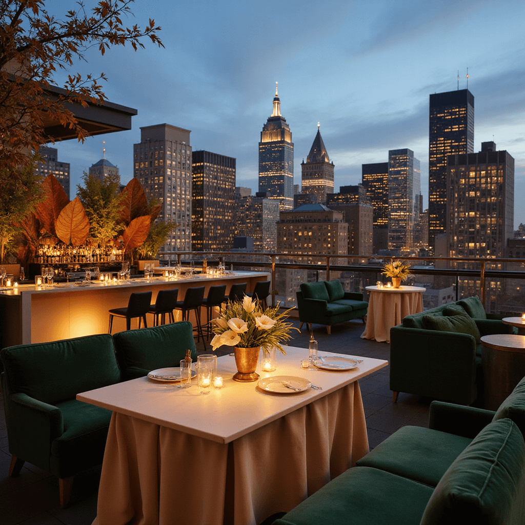 A chic rooftop terrace at twilight featuring sleek cocktail tables with champagne linens and modern floral arrangements, a statement bar with preserved autumn leaves, plush green velvet seating, and soft uplighting, overlooking a cityscape.