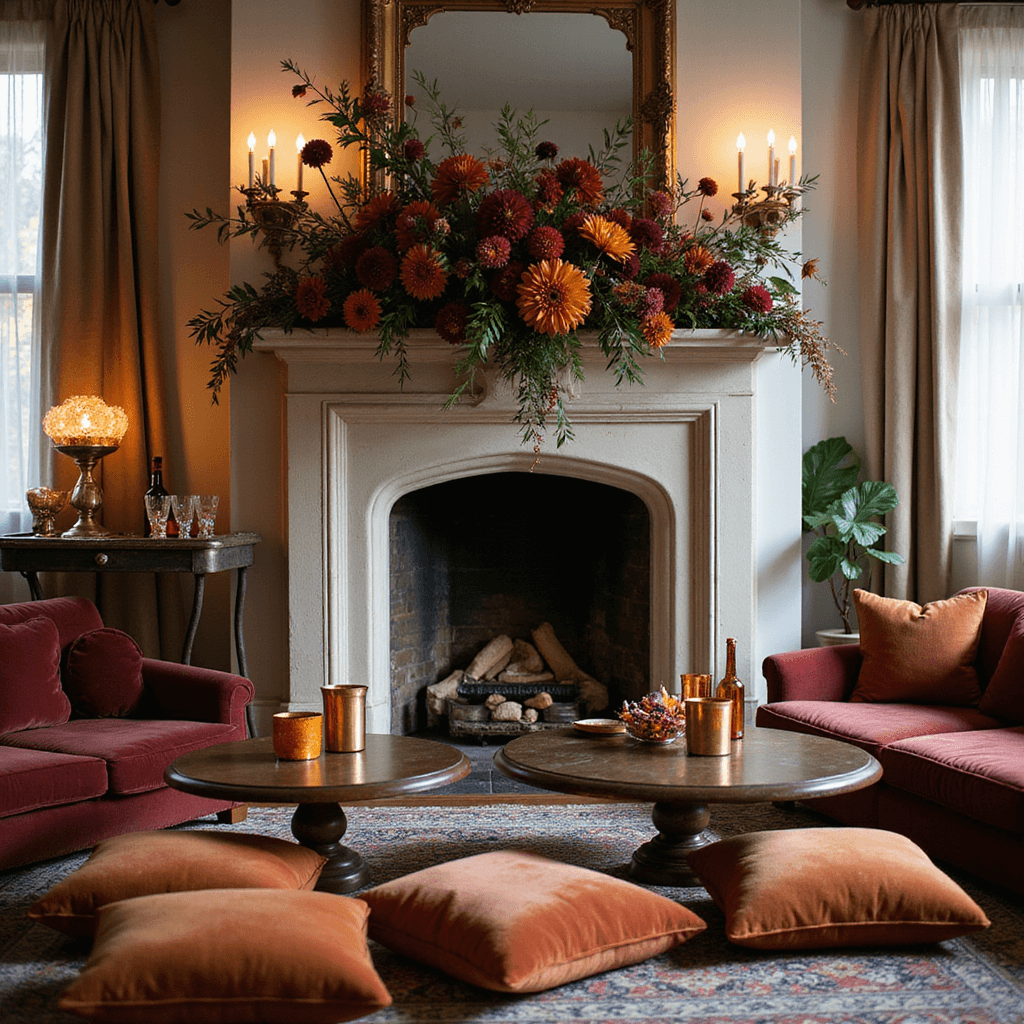 A cozy living room set for an intimate fall wedding, featuring a decorated fireplace mantel with orange chrysanthemums and burgundy dahlias, plush jewel-toned cushions around low tables, vintage brass candle holders, and a bar cart with artisanal cocktails.