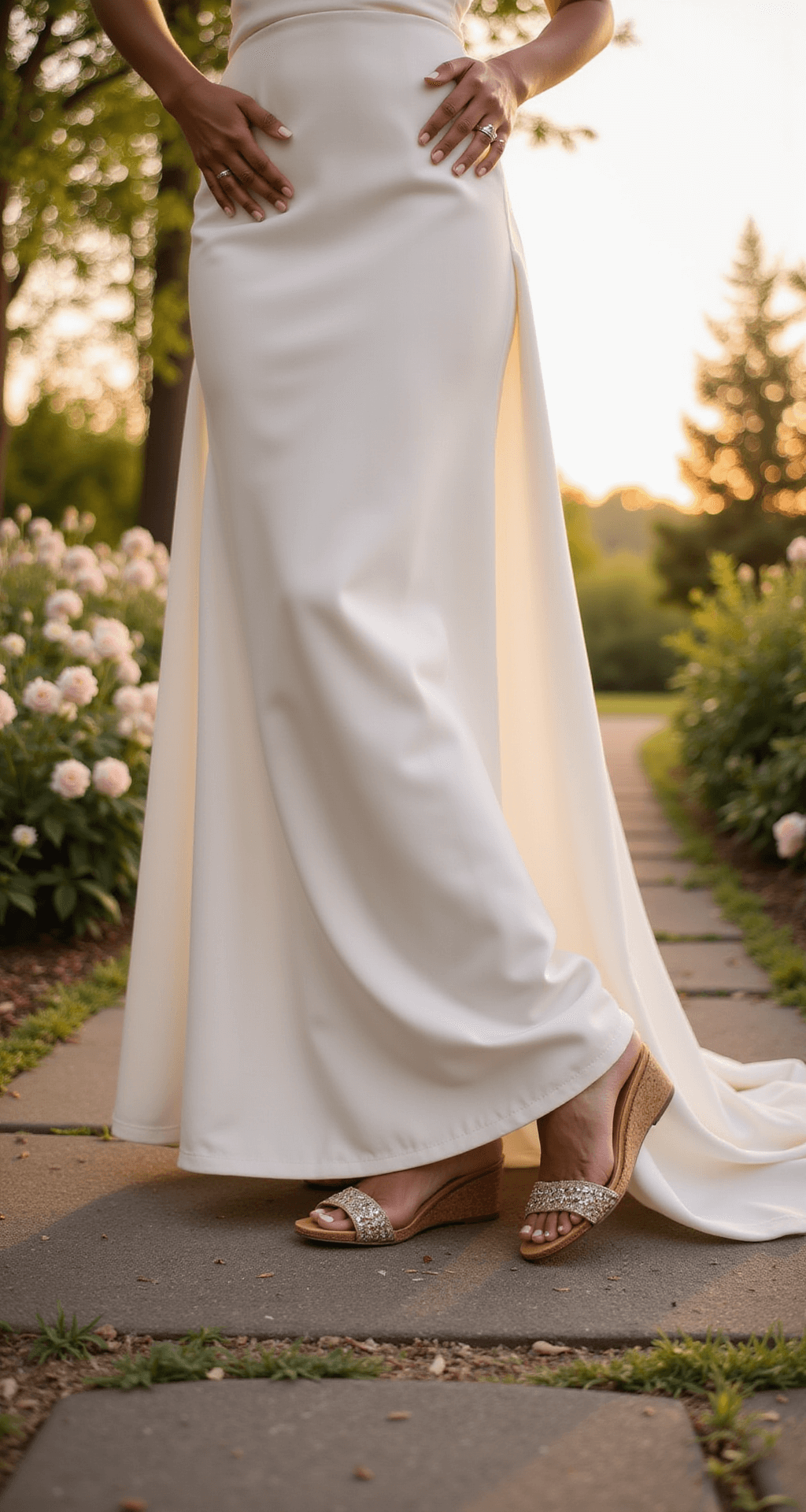Bride in elegant low-heeled Naturalizer sandals standing on a stone pathway surrounded by blooming flowers at a garden wedding venue, captured in soft, warm sunlight during golden hour.