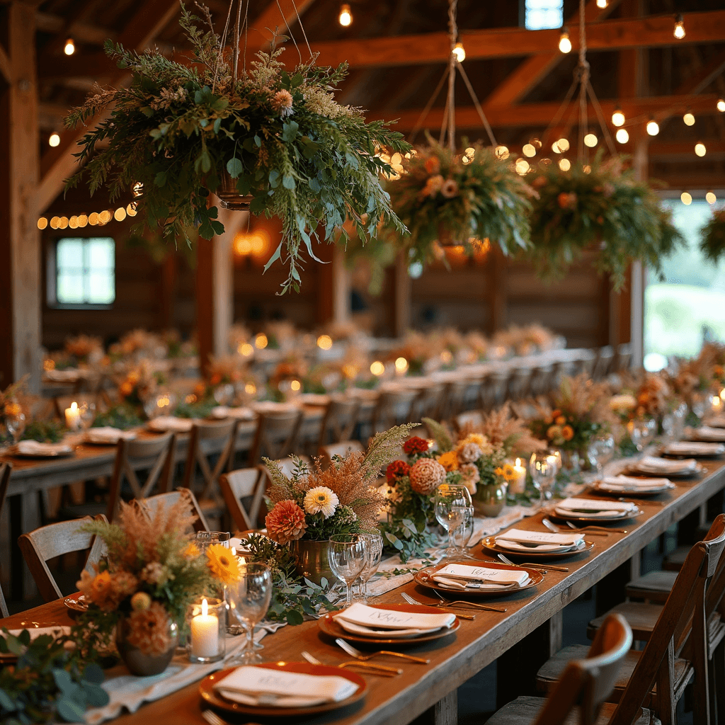 A rustic barn venue elegantly styled for an October wedding, featuring long farm tables adorned with eucalyptus runners and garden-style floral centerpieces in vintage brass compotes, surrounded by soft candlelight and hanging dried flower installations.