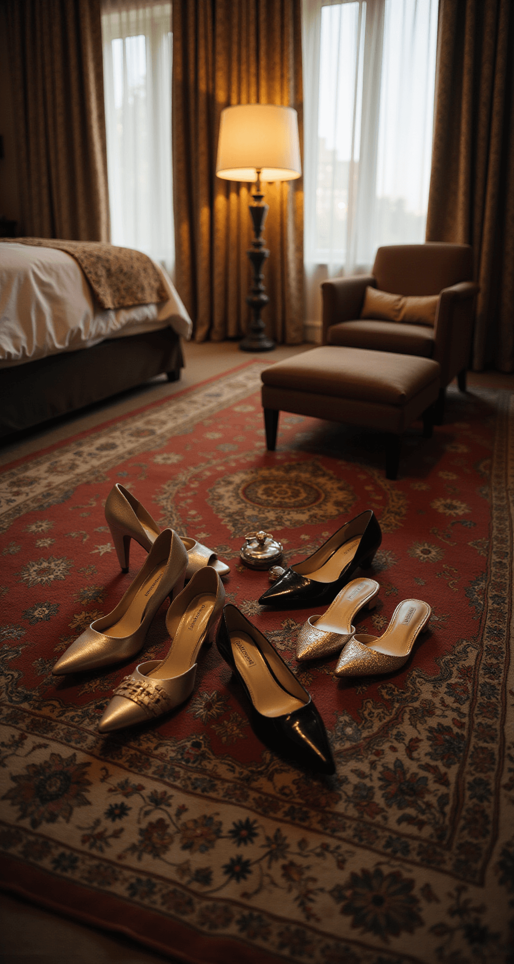 A luxurious hotel suite adorned with early evening ambient lighting, showcasing a lifestyle shot of wedding preparation with an array of shoes, including Manolo Blahnik stilettos and comfy reception flats, positioned on a vintage Persian rug, all illuminated by warm lamp light for an intimate atmosphere.