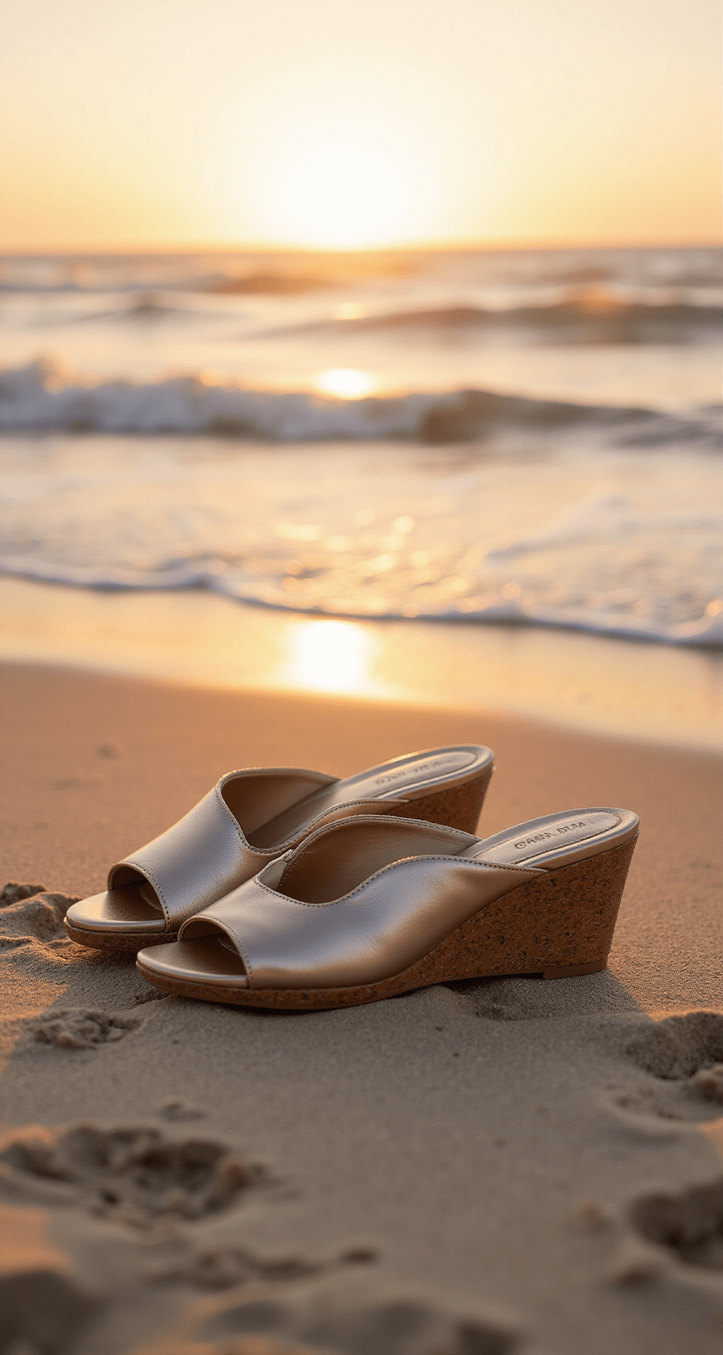Close-up of metallic Dolce Vita wedges in pristine sand at a beach wedding during sunset, with ocean waves softly blurred in the background, capturing the golden hour lighting and dreamy atmosphere.