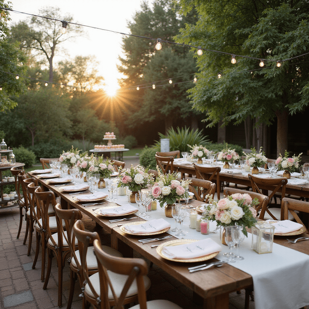 A sun-drenched garden terrace set for an intimate wedding reception, featuring rustic wooden tables with ivory linen runners, blush pink and cream floral centerpieces, gold-rimmed place settings, and a dessert cart overflowing with pastel macarons and mini cupcakes, all under delicate string lights as the golden hour approaches.