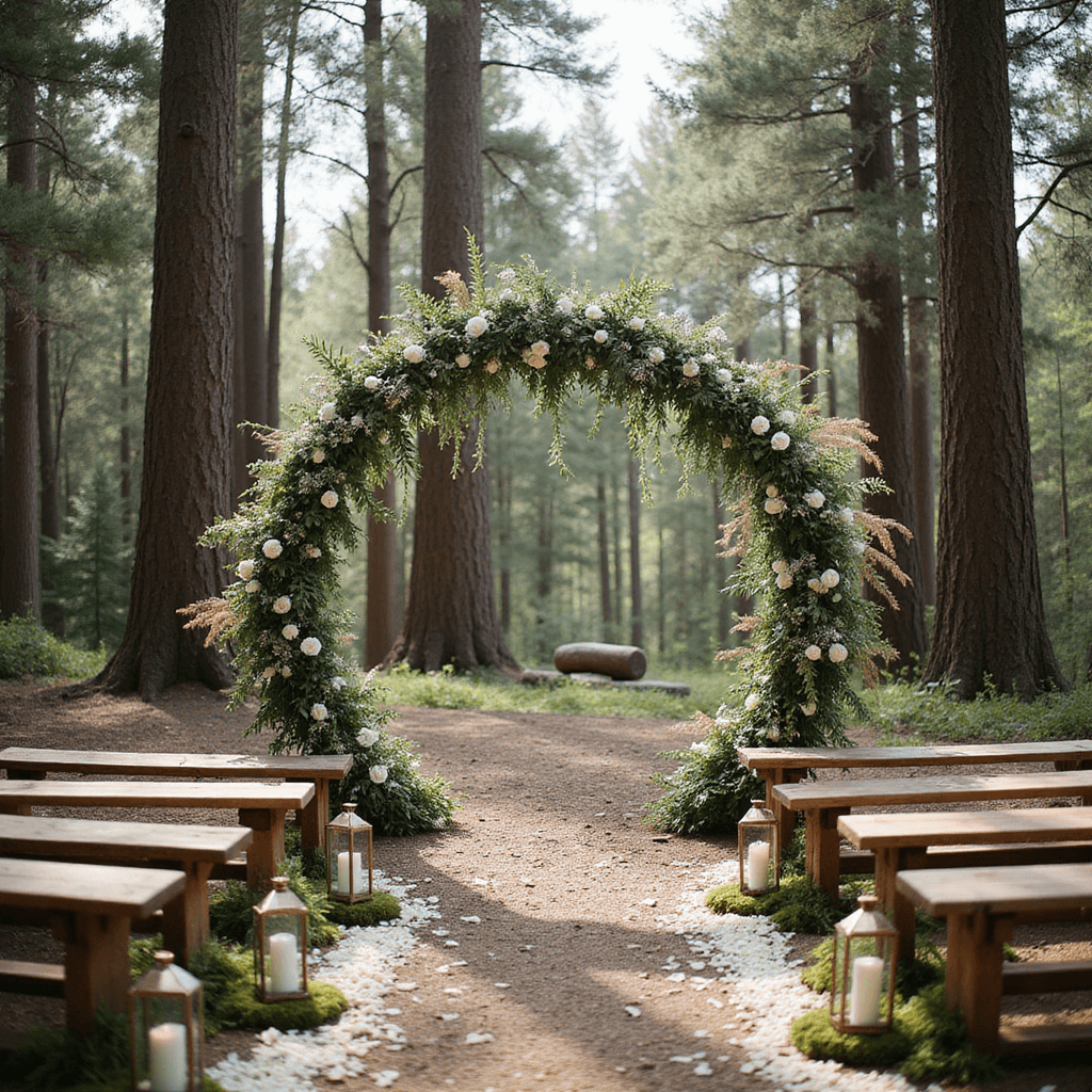 An ethereal woodland wedding ceremony in a clearing surrounded by towering pine trees, featuring a circular floral arch with white roses and pampas grass, wooden benches arranged in a semi-circle, wildflower bouquets, lanterns on a moss-lined aisle, and white rose petals scattered throughout, all illuminated by soft afternoon light.