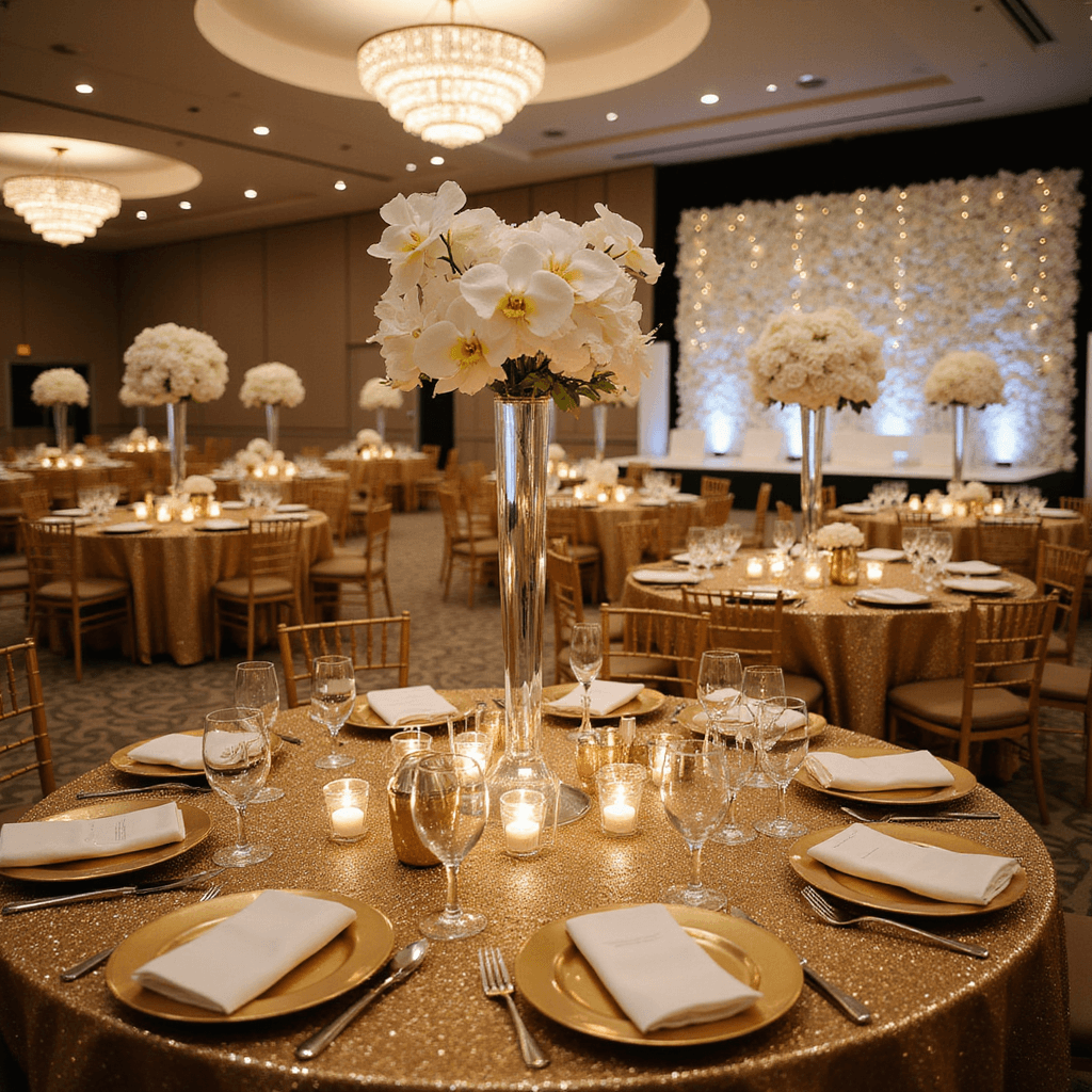 A luxurious ballroom for a glamorous wedding reception, featuring gold sequin tablecloths, elegant floral centerpieces, crystal chandeliers, and a grand sweetheart table adorned with white roses and fairy lights, all captured from a low angle near the entrance.