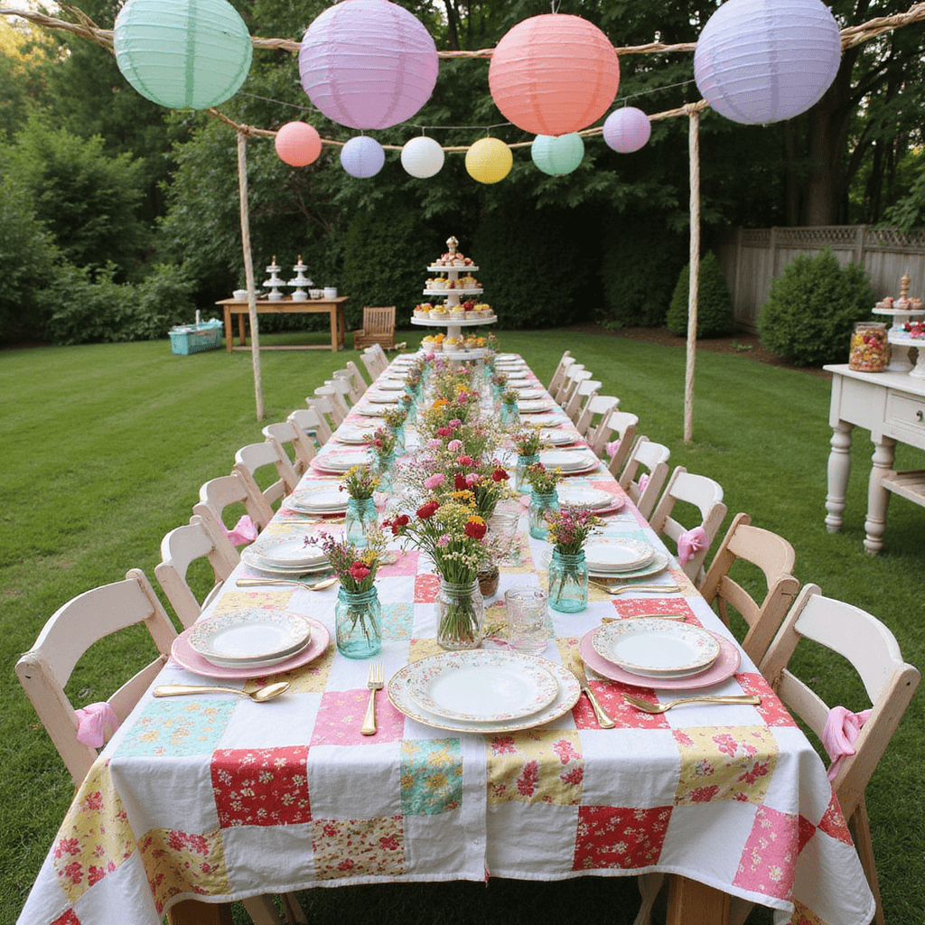 A vibrant backyard bridal shower features a long picnic table adorned with a patchwork quilt, mismatched pastel china, and mason jar centerpieces filled with wildflowers. Colorful paper lanterns and balloons create a playful overhead canopy, while a dessert station showcases homemade cupcakes and fresh fruit. The scene is captured from an elevated angle, highlighting the cheerful tablescape and surrounding garden.