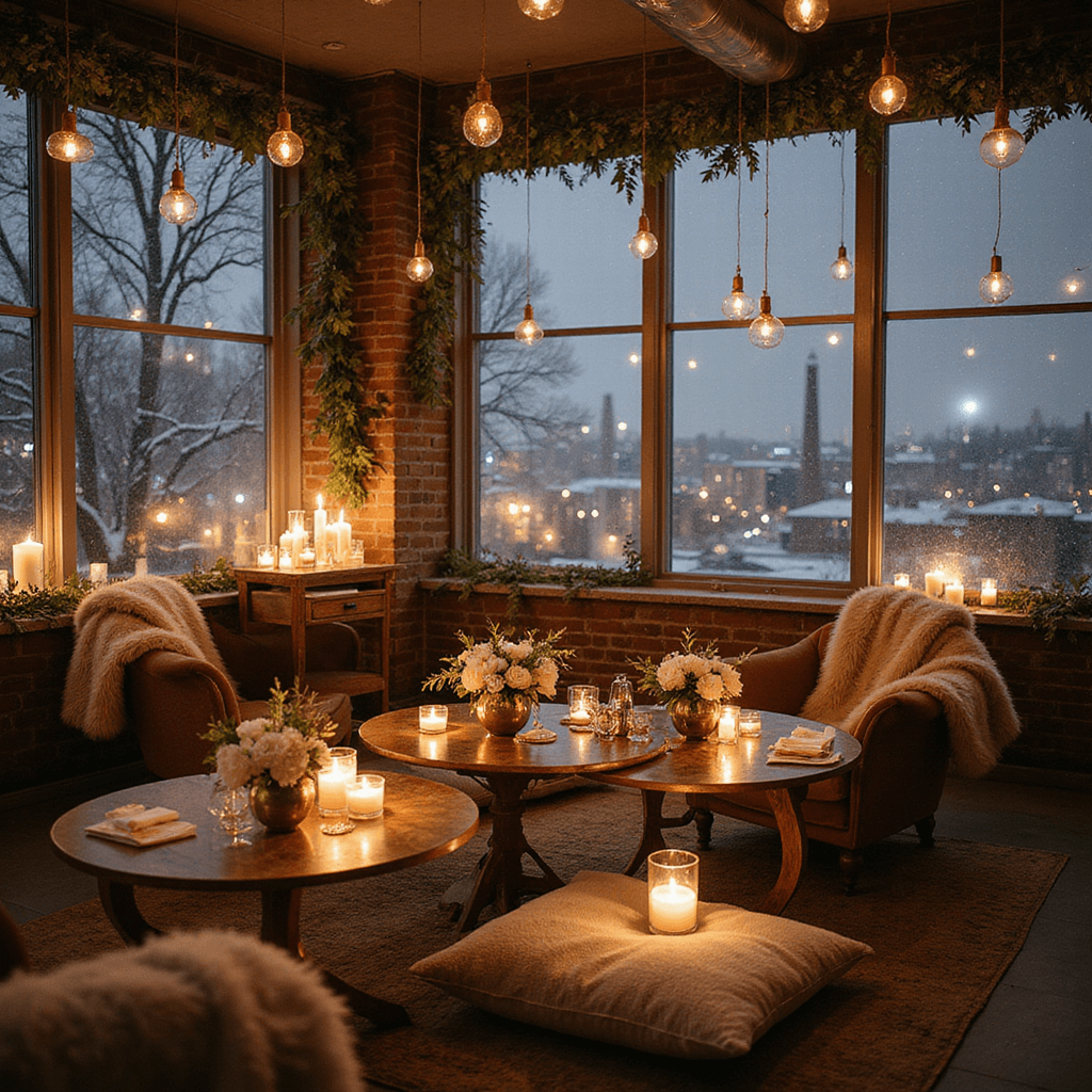 A cozy winter engagement party in a chic urban loft, featuring floor-to-ceiling windows with a view of falling snow and city lights, low tables with plush cushions, candlelight, eucalyptus garlands, and mercury glass vases with white ranunculus and silver brunia, all enhanced by a bar cart with signature cocktails and faux fur throws on industrial-style chairs.