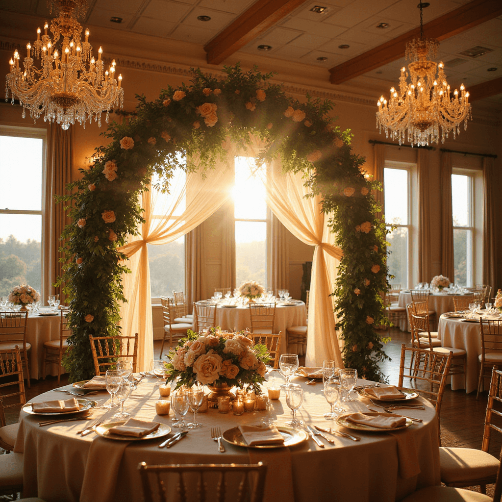 A grand ballroom set for a romantic wedding reception, featuring blush and cream floral centerpieces on round tables, golden hour light streaming through large windows, delicate silk linens, gold charger plates, crystal stemware, a floral arch over the sweetheart table, vintage chandeliers, and intimate candlelight.