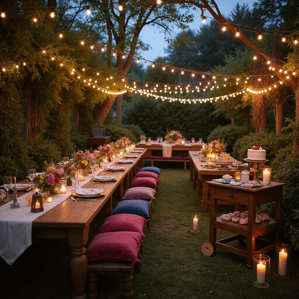 An enchanting garden party at dusk with warm fairy lights overhead, vintage china on farmhouse tables, colorful wildflower centerpieces, plush jewel-toned cushions, a dessert cart with tiered cakes and macarons, and flickering lanterns creating a magical atmosphere.