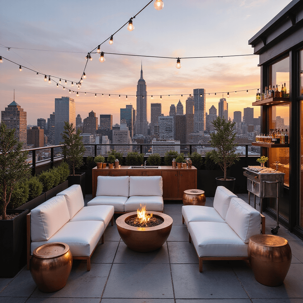 A stylish rooftop cocktail party at sunset in NYC, featuring white lounge furniture, fire pits, copper bar carts with artisanal cocktails, hors d'oeuvres on floating shelves, potted olive trees, and string lights, all set against the glowing skyline.