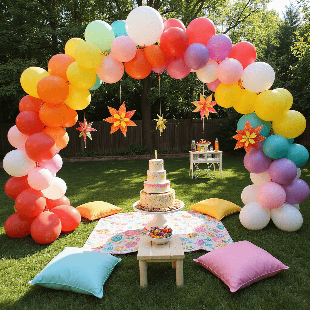 Aerial view of a vibrant children's birthday party in a sunlit backyard, featuring a colorful balloon arch, picnic area with low tables and cushions, a DIY lemonade stand, oversized pinwheels and kites, a tiered birthday cake, and bowls of candy amidst joyful decorations.