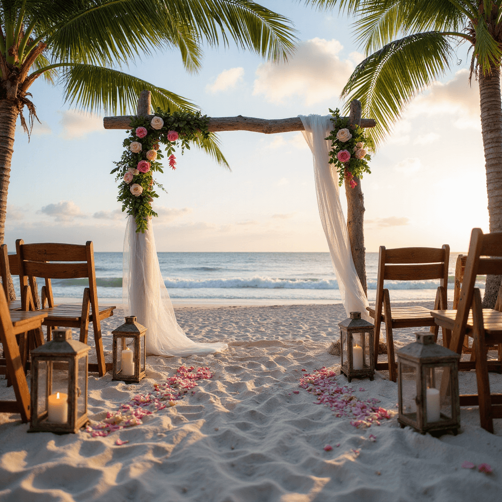 A serene sunrise wedding ceremony on a secluded beach, featuring wooden chairs, lanterns, a driftwood arch adorned with white fabric and tropical flowers, an aisle decorated with seashells and pink rose petals, and pastel skies.