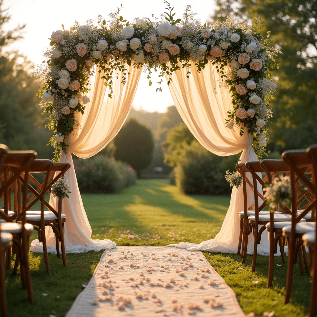 A picturesque outdoor wedding ceremony at golden hour, featuring an ornate floral arch with ivory roses and blush peonies, framed by soft chiffon drapes. Wooden cross-back chairs lined with wildflower posies lead down a vintage carpet runner sprinkled with rose petals, all bathed in warm, magical light filtering through the trees.