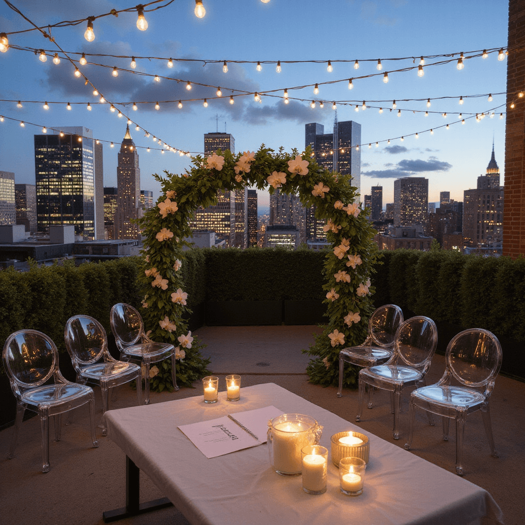An intimate rooftop wedding at twilight featuring a modern geometric arch adorned with greenery and white orchids, with ghost chairs arranged in a semicircle, twinkling fairy lights overhead, and the city skyline glowing in the background. A minimalist guest book and elegant candle groupings are visible on a statement table in the foreground.