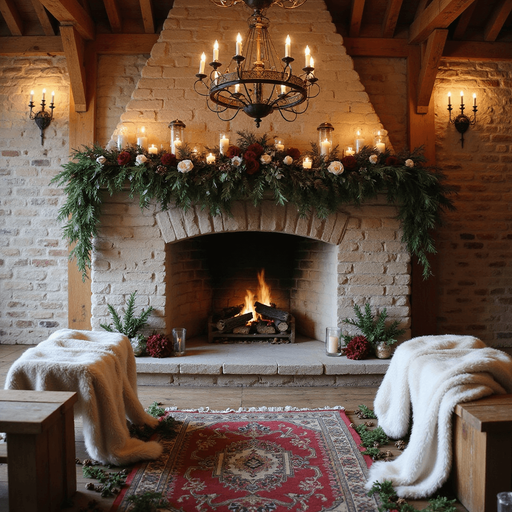 A cozy winter wedding ceremony in a rustic barn featuring a grand fireplace altar adorned with pine and eucalyptus garlands, deep red roses, and white anemones, surrounded by floating candles. Wooden benches with faux fur throws face the fireplace, with a vintage Persian rug defining the aisle, accented by pine cones and winter berries, and wrought iron chandeliers illuminating the warm atmosphere.