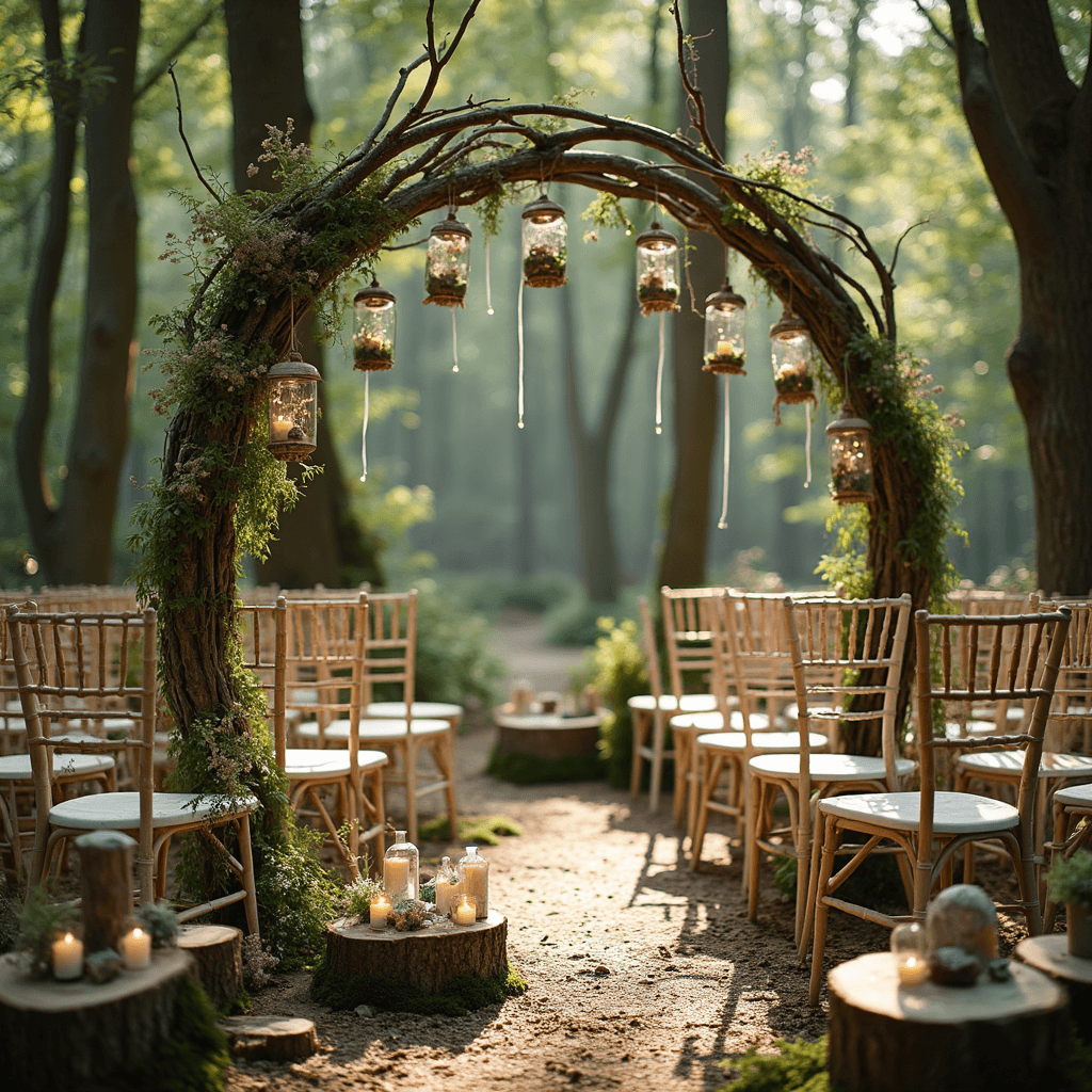 A whimsical forest wedding setup featuring a natural archway of intertwining trees adorned with glass terrariums and fairy lights, surrounded by pastel chairs with wildflower posies, moss-covered logs with candles, and boho decor including dreamcatchers and macramé, viewed from a low angle to capture the enchanting atmosphere.
