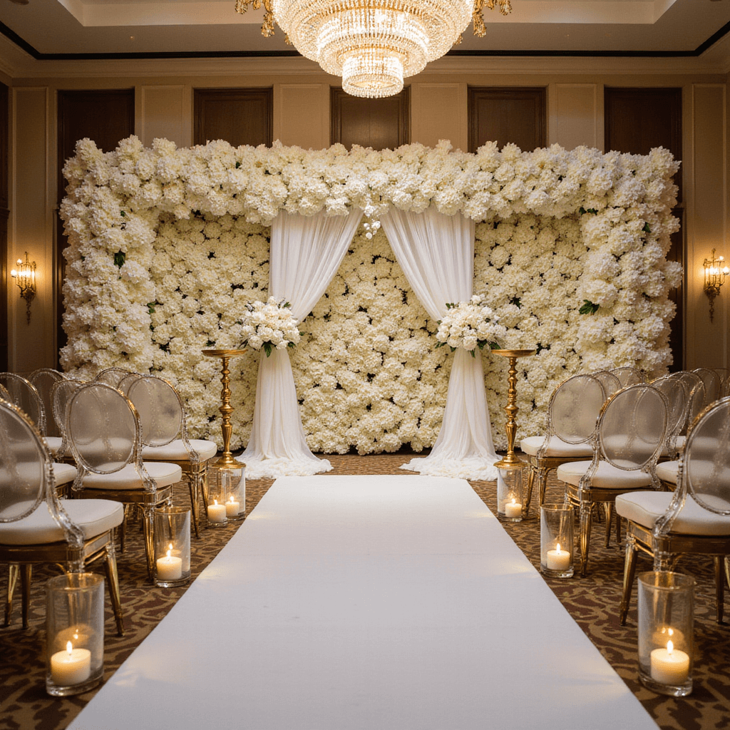 An opulent ballroom wedding ceremony at dusk, featuring a grand floral wall of white hydrangeas, roses, orchids, and gold leaves, an acrylic chuppah with draped ivory fabric and crystal chandeliers, ghost chairs with gold cushions and small bouquets of white calla lilies, a luxurious white carpeted aisle lined with glass cylinders holding floating candles, ornate gold candelabras at the altar, and a sparkling grand crystal chandelier overhead, all illuminated by soft uplighting.