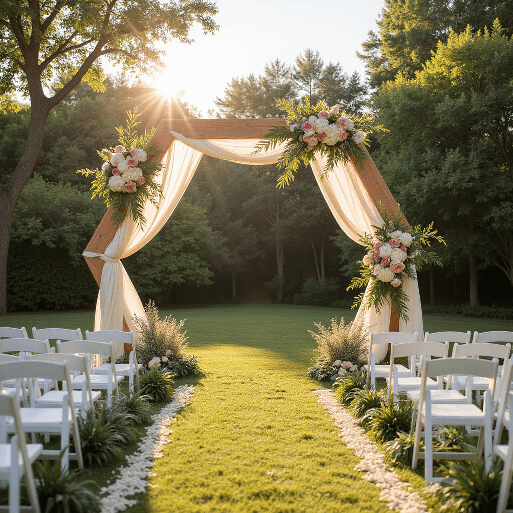 A golden hour wedding ceremony in a lush garden featuring a large hexagon arch adorned with blush and cream floral arrangements, with draped ivory fabric. Rows of white chairs are arranged in front, accented by baby's breath and eucalyptus aisle markers, all bathed in warm, soft light.