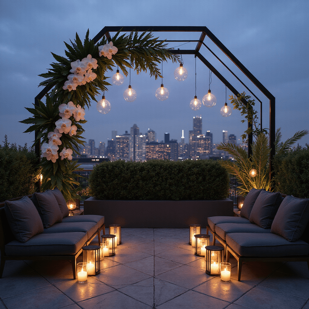 An intimate rooftop terrace wedding at dusk featuring a minimalist hexagon arch made of sleek black metal, decorated with white orchids and monstera leaves, surrounded by low charcoal velvet lounge seating, geometric tile patterns on the floor, and candlelight flickering from hurricane lanterns, all against a backdrop of a twinkling city skyline.