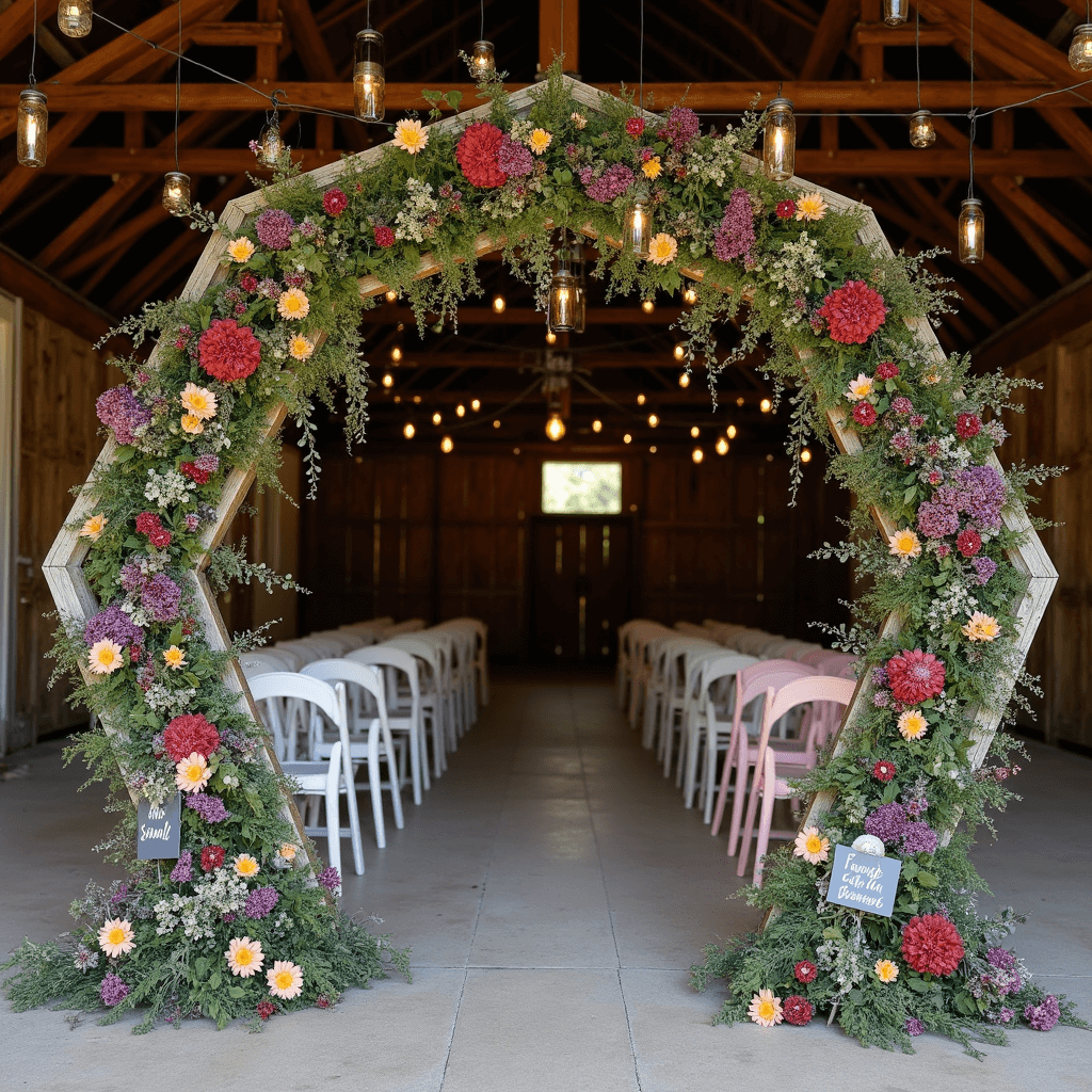 A rustic barn interior features a hexagon arch adorned with vibrant wildflowers in jewel tones, surrounded by trailing greenery and fairy lights. Mismatched pastel chairs face the arch, marked with hand-painted family signs, while suspended mason jars with candles hang above, creating a magical atmosphere.