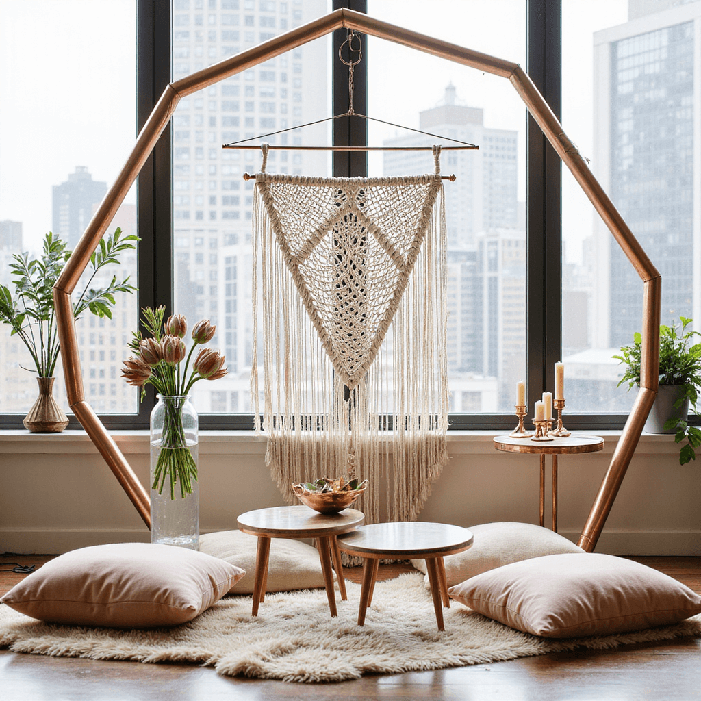 A modern, minimalist wedding setup in a living room featuring a rose gold hexagon arch with a macramé backdrop, surrounded by geometric vases holding proteas, and an intimate seating arrangement with blush and cream cushions, complemented by copper accents.