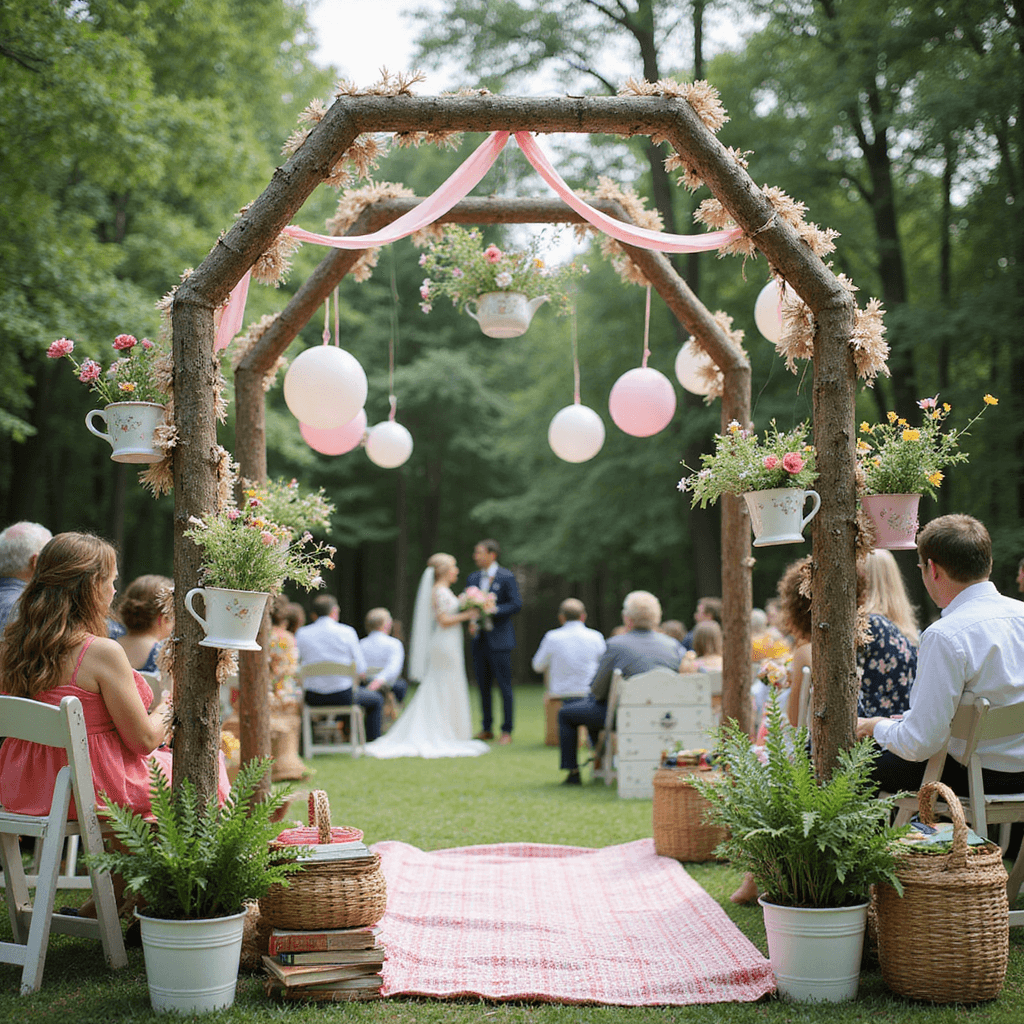 A whimsical garden party scene featuring a DIY hexagon arch made of birch branches adorned with colorful ribbon streamers and paper flowers, with mismatched china teacups filled with wildflowers hanging by satin ribbons. Vintage ladders hold potted ferns and stacks of old books, while guests relax on mix-and-match chairs and picnic blankets, with wicker baskets marking the aisle. Pastel balloons float overhead in a dreamy, slightly overexposed shot.
