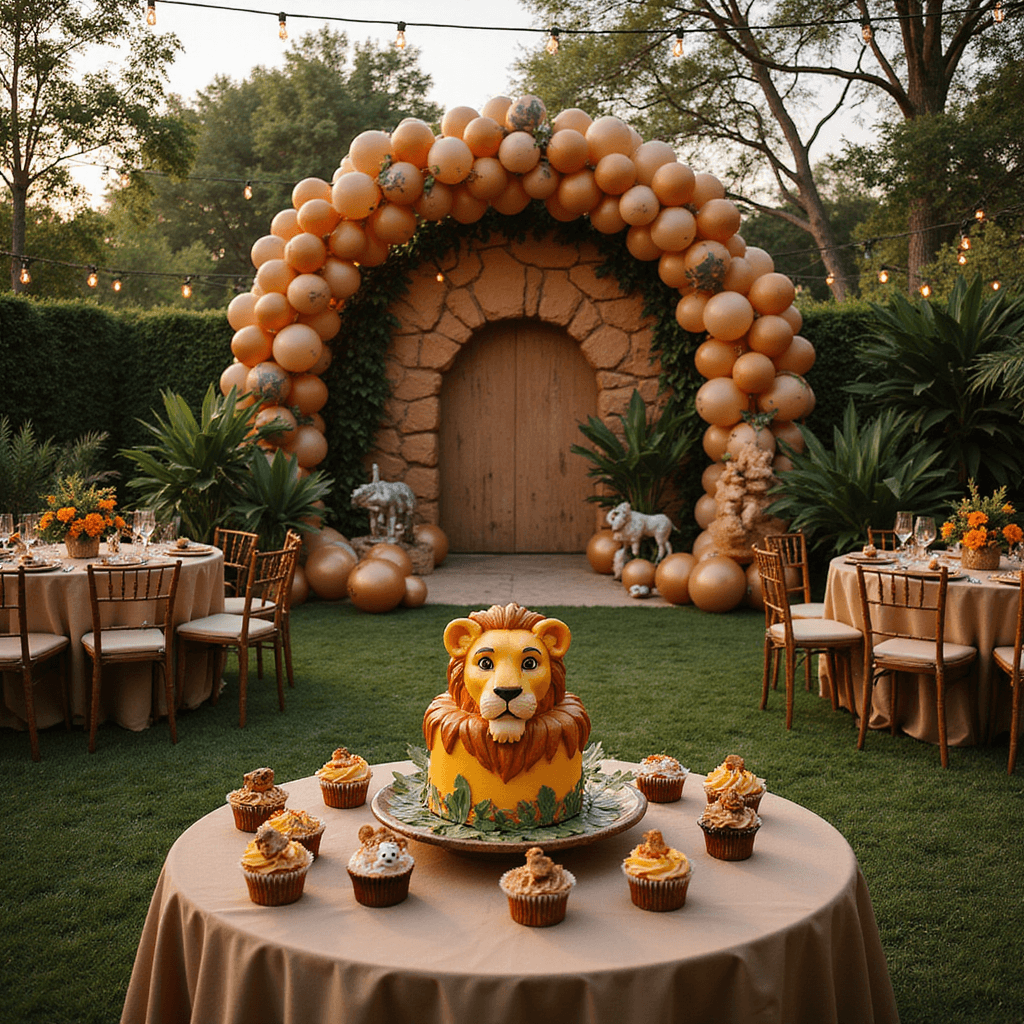 A vibrant outdoor garden party inspired by The Lion King, featuring a balloon arch, earthy-themed tables with tropical decorations, a 'Pride Rock' photo booth, and a dessert table with a lion-themed cake and animal cupcakes, all illuminated by twinkling fairy lights at golden hour.