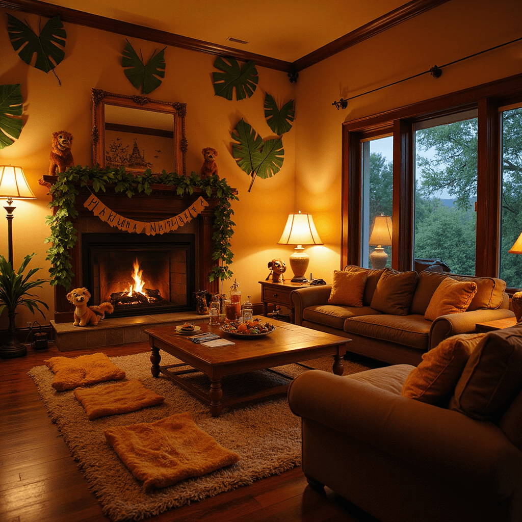 A cozy living room transformed for a Lion King celebration, featuring warm amber lighting, a fireplace decorated with a leafy garland and 'Hakuna Matata' banner, low tables with plush cushions, an animal mask-making craft corner, walls adorned with tropical leaves and character silhouettes, and a drink station with 'Jungle Juice' dispensers surrounded by plush toy lions.