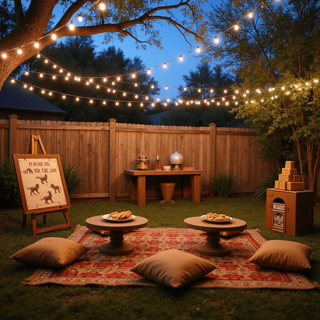 A whimsical Pride Lands-inspired backyard at twilight featuring warm string lights, a 'Pin the Tail on the Lion' game on an easel, picnic seating with low tables and earth-toned pillows on African print rugs, a 'Hakuna Matata Dance Party' area with a DIY jukebox and disco ball, and a treat table adorned with lion-shaped cookies and a tall cake resembling stacked animal crackers.