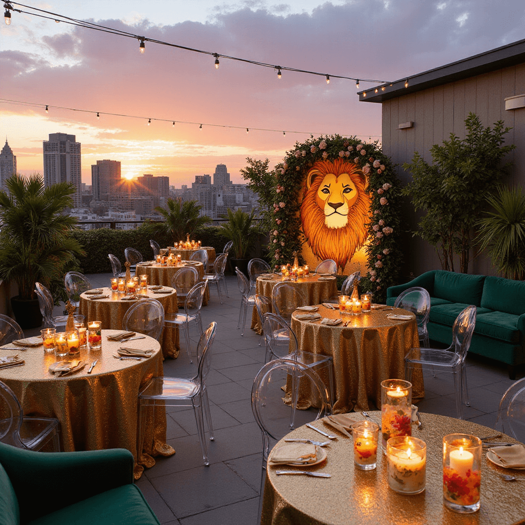 Stylish rooftop terrace set for an upscale Lion King soirée at sunset, featuring high-top tables with gold sequin linens, acrylic ghost chairs, oversized floral arrangement of Simba's face, floating candles in glass cylinders, themed cocktail bar, and a cozy lounge area with deep green velvet sofas.