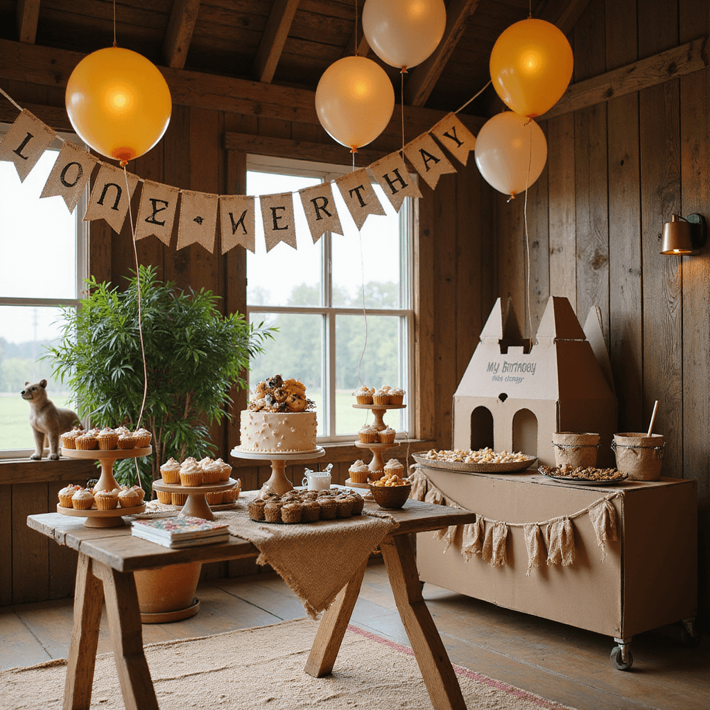 A rustic barn interior decorated for a Lion King first birthday celebration, featuring a fondant storybook cake, character cupcakes, burlap bunting, and a Jungle Scavenger Hunt activity station, illuminated by soft morning light.