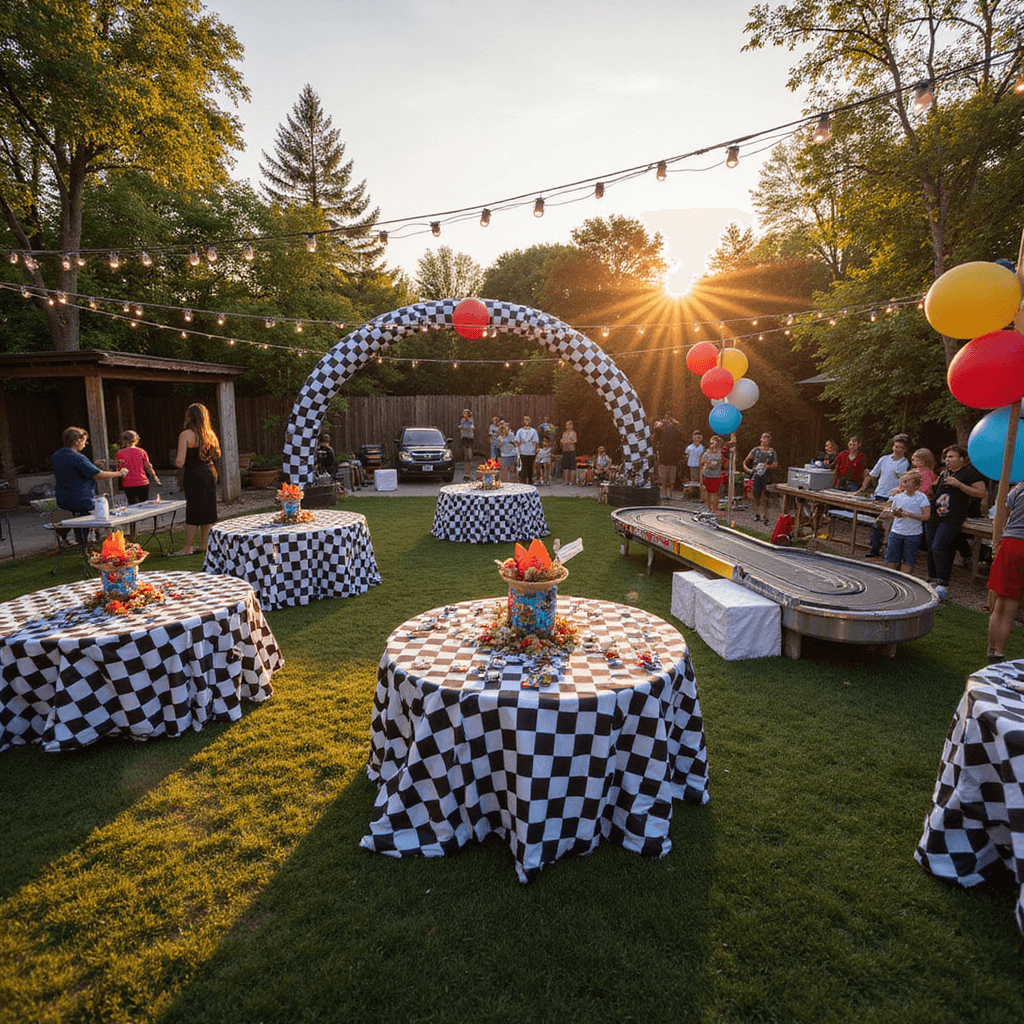 A colorful birthday party scene in a backyard at golden hour, featuring a mini racetrack, checkered flag archway, round tables with toy race car centerpieces, vibrant balloon garlands, children playing with a slot car track, and parents socializing at a 'Pit Stop' food station, all illuminated by fairy lights.
