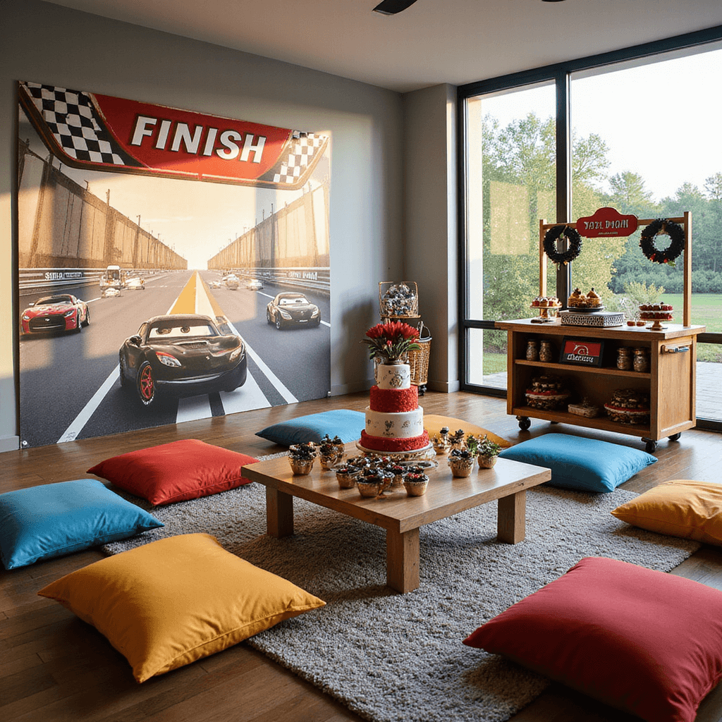 An aerial view of a modern indoor birthday celebration featuring a race car theme with a 'Finish Line' banner, colorful floor cushions, a dessert cart filled with car-shaped treats, and DIY decorations like tire-shaped wreaths and 'Vroom Vroom' signage.