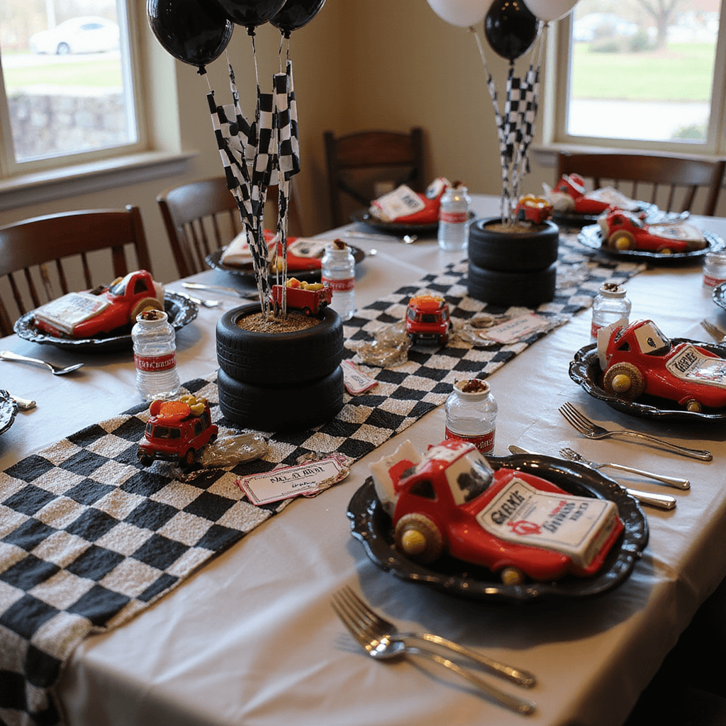 Close-up of a race car themed birthday party table with metallic silver cloth, checkered runner, race car plates, driver's license place cards, tire-shaped napkins, mini car centerpieces, black-red-white balloons, personalized water bottle labels, and racing flags, illuminated by soft natural light.