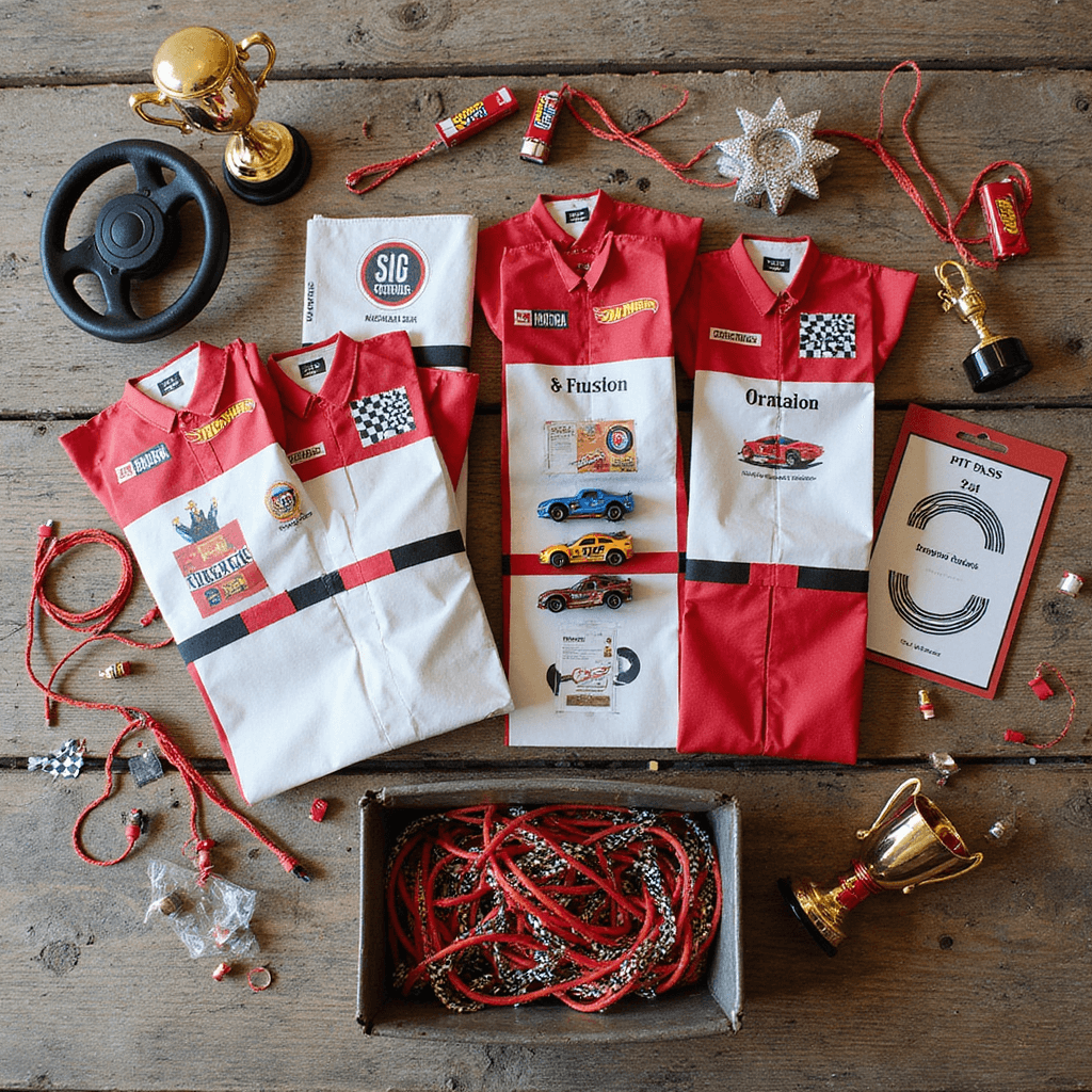 An overhead view of a race car-themed party favor station on a distressed wood table, featuring personalized goodie bags resembling race car driver uniforms, Hot Wheels cars, checkered flag temporary tattoos, and 'pit pass' lanyards, alongside a vintage metal toolbox filled with red and black licorice 'jumper cables', a toy steering wheel, mini trophies, and tire track-shaped confetti.