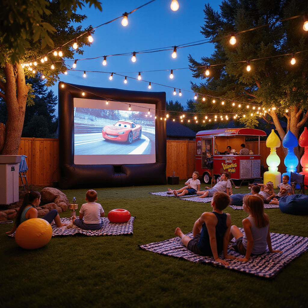 A magical backyard transformed into a race car wonderland at twilight, with Edison bulbs overhead, an inflatable movie screen showing an animated racing film, kids on picnic blankets, a 'Winner's Circle' photo booth, glowing LED balloon columns, and a vintage food truck serving themed treats.