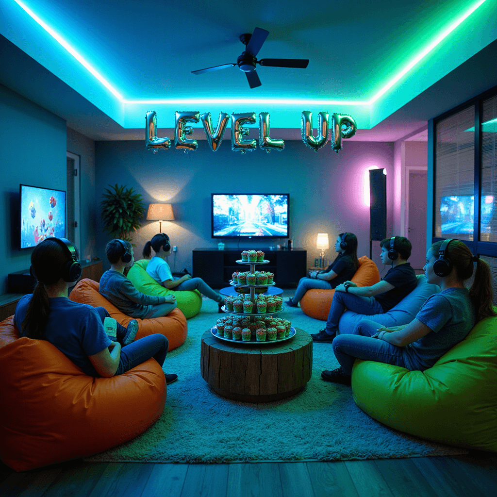 A spacious, modern apartment living room transformed into a vibrant Gaming Paradise birthday party, featuring neon blue and green lighting, multiple gaming stations with large TVs, colorful bean bag chairs, a central snack bar with Minecraft-themed treats, and holographic-style balloons spelling 'LEVEL UP', filled with excited kids in gaming headsets. Boys Birthday Party