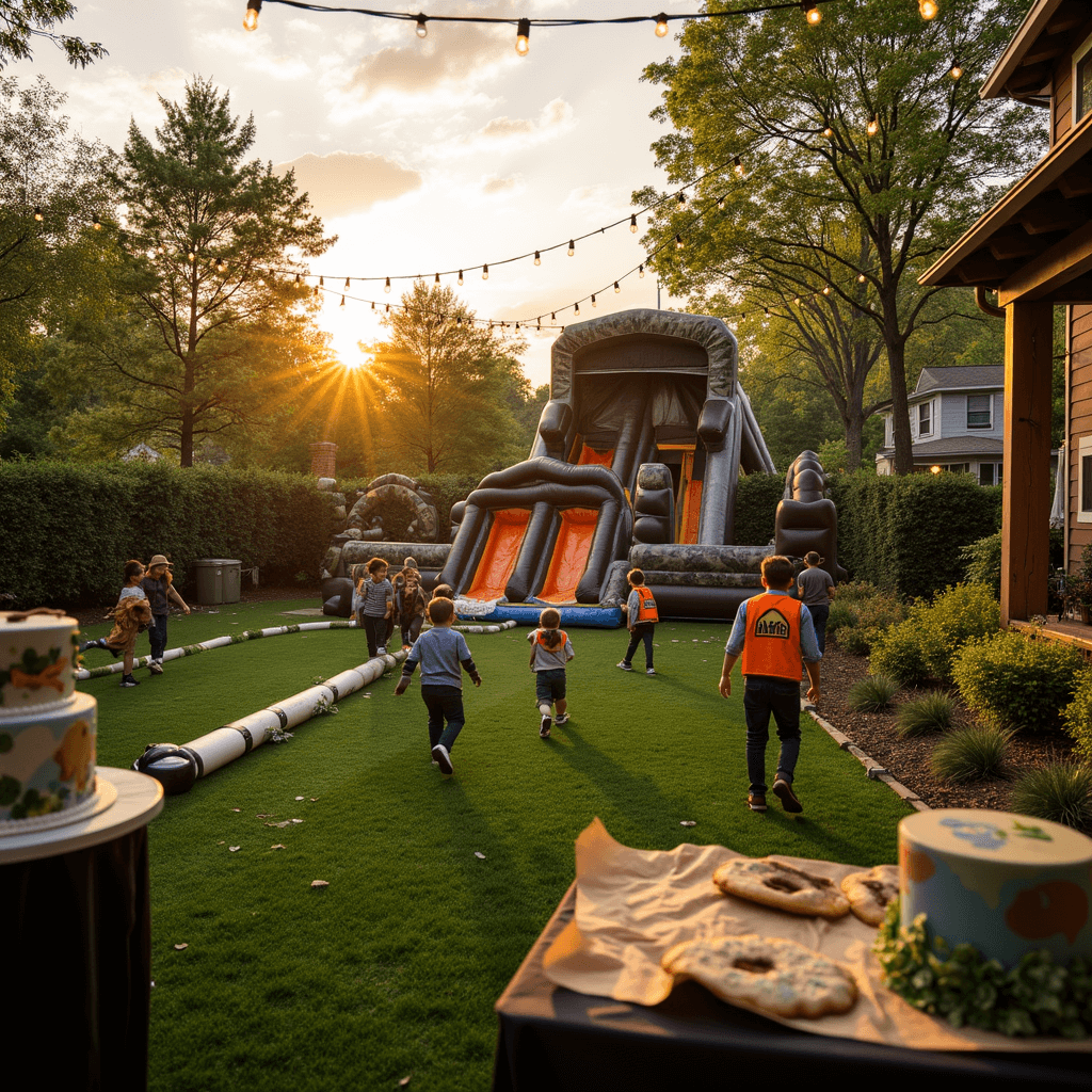 An Adventure Wonderland birthday celebration in a lush backyard at golden hour, featuring a Nerf battle arena with inflatable barriers, foam dart targets, and a camouflage command tower, fairy lights overhead, an adventure-themed dessert table with a map cake and compass cookies, and kids in explorer vests navigating an obstacle course.
