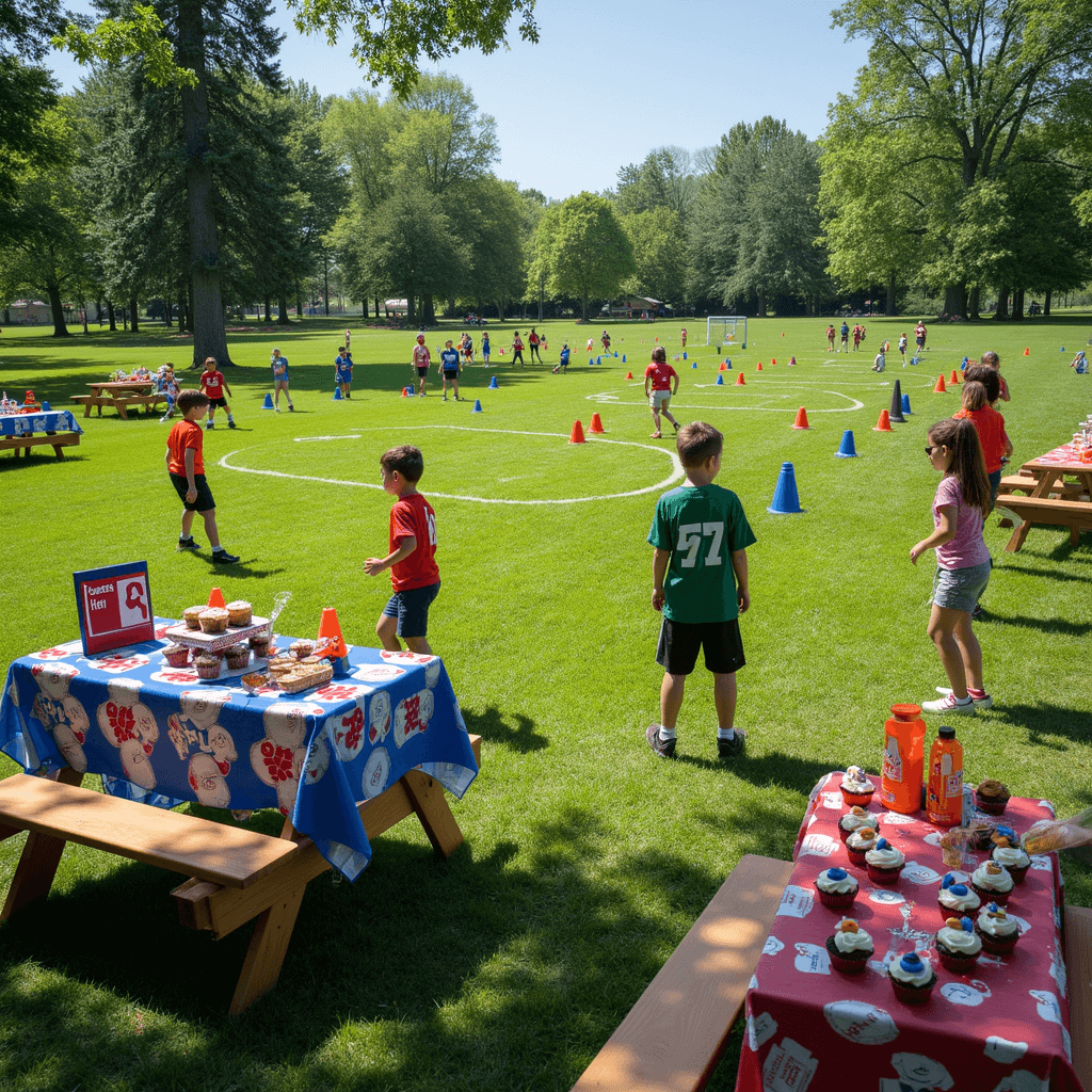 A vibrant sports-themed birthday party in a park featuring mini soccer, basketball, and flag football fields marked with colorful cones, a scoreboard banner displaying the birthday boy's name, picnic tables with team jersey tablecloths, and kids in sports uniforms engaged in various skill challenges under a bright, sunny sky.