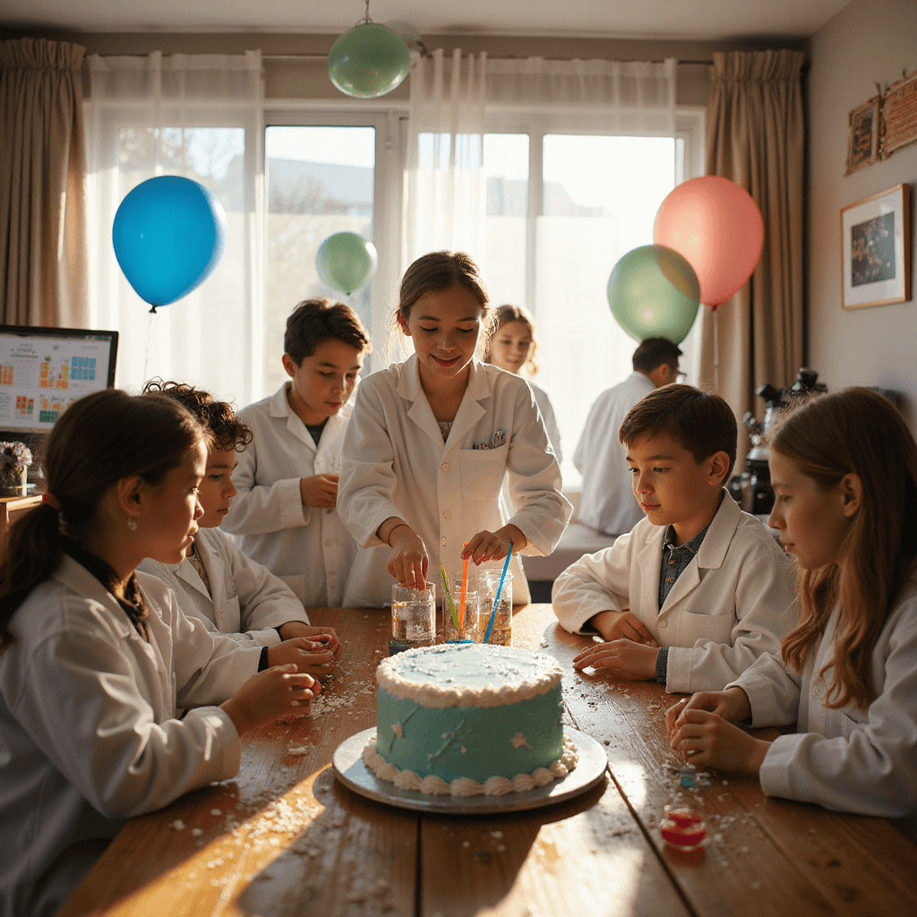 An intimate STEM-themed birthday celebration in a cozy living room transformed into a junior science lab, featuring experiment stations with colorful test tubes, beakers, and microscopes, an oversized periodic table backdrop, helium atom-shaped balloons, a science textbook-shaped birthday cake, excited young scientists in lab coats, and a close-up of hands mixing a foaming chemical reaction.