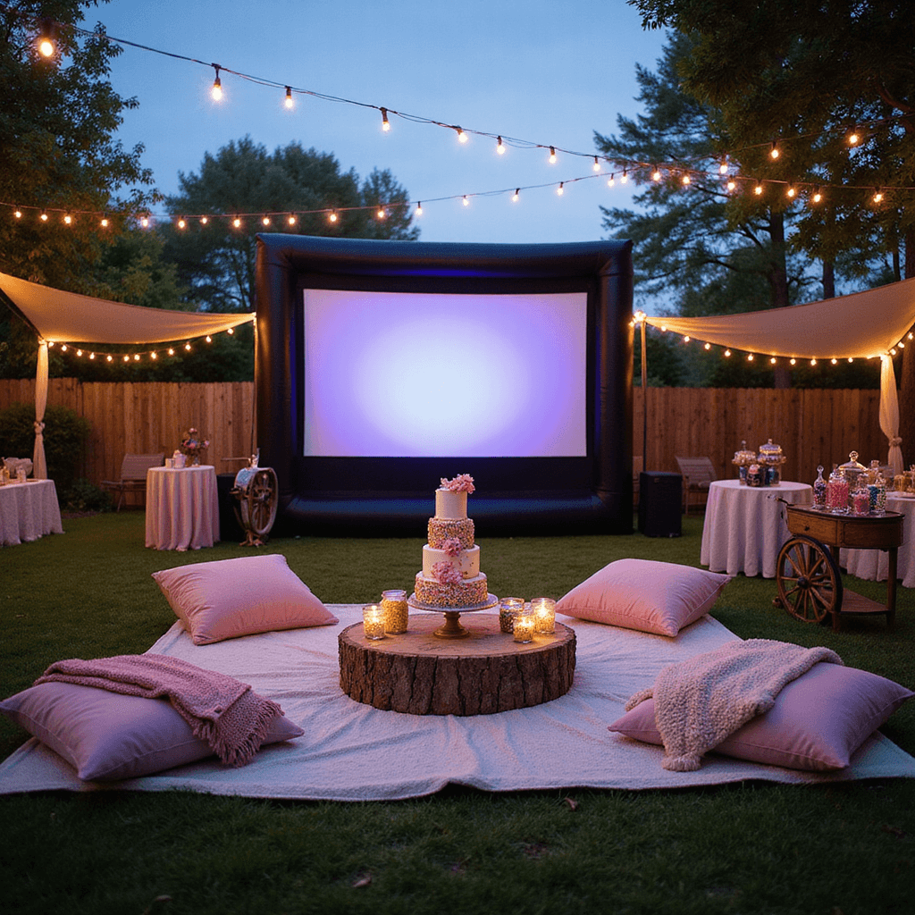 A whimsical outdoor movie night birthday party at twilight features a giant inflatable screen, cozy floor cushions, and pastel-draped low tables under fairy lights. A vintage popcorn cart and colorful candy buffet add charm, while plush blankets and a film reel cake complete the magical ambiance. Stars begin to appear in the dusky sky.