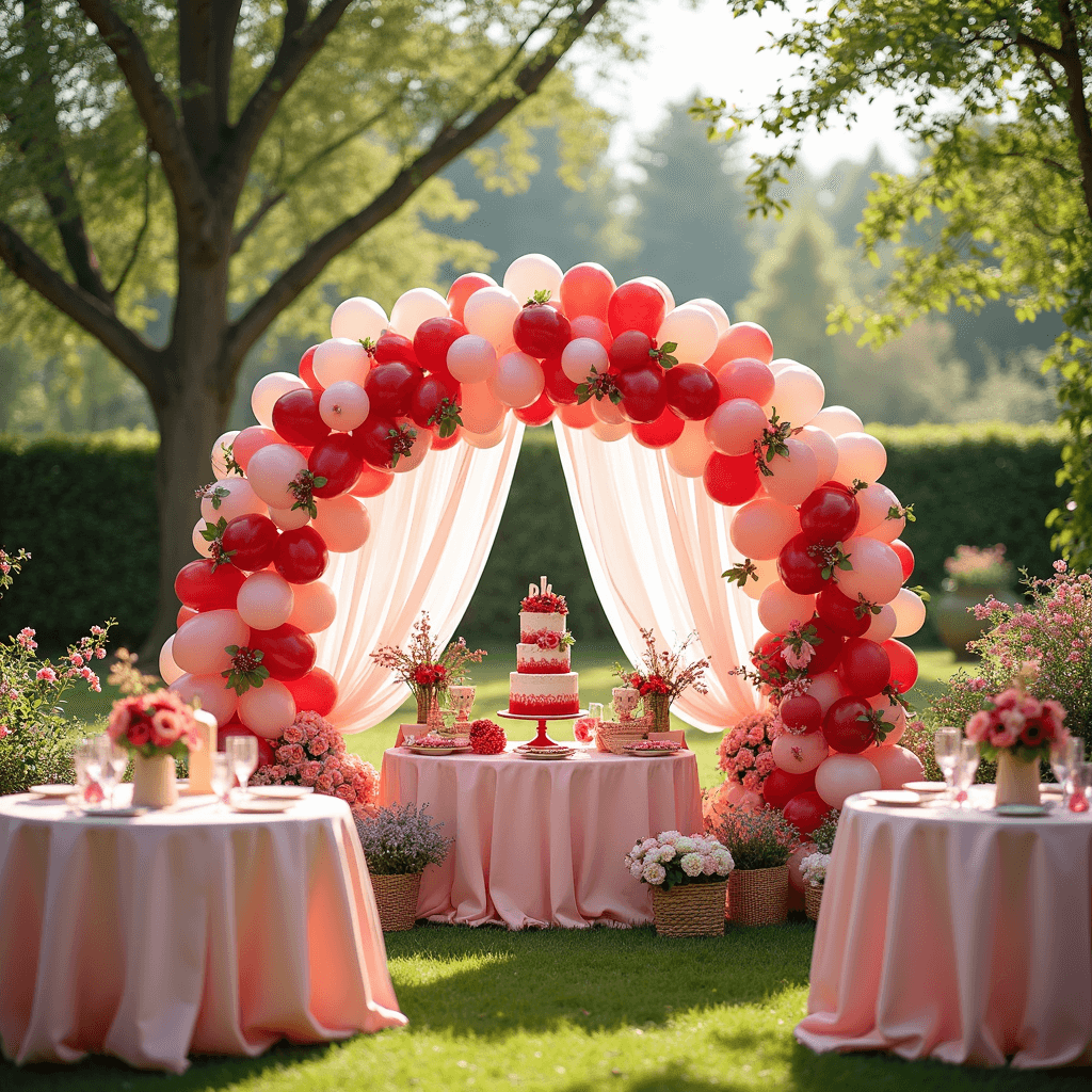 Whimsical 'Berry Sweet Celebration' first birthday party in a sunlit garden, featuring round tables with pink linens, strawberry centerpieces, a balloon arch, a berry-themed cake, plush berry decorations, a berry picking station, floral garlands, tulle drapery, and fairy lights.